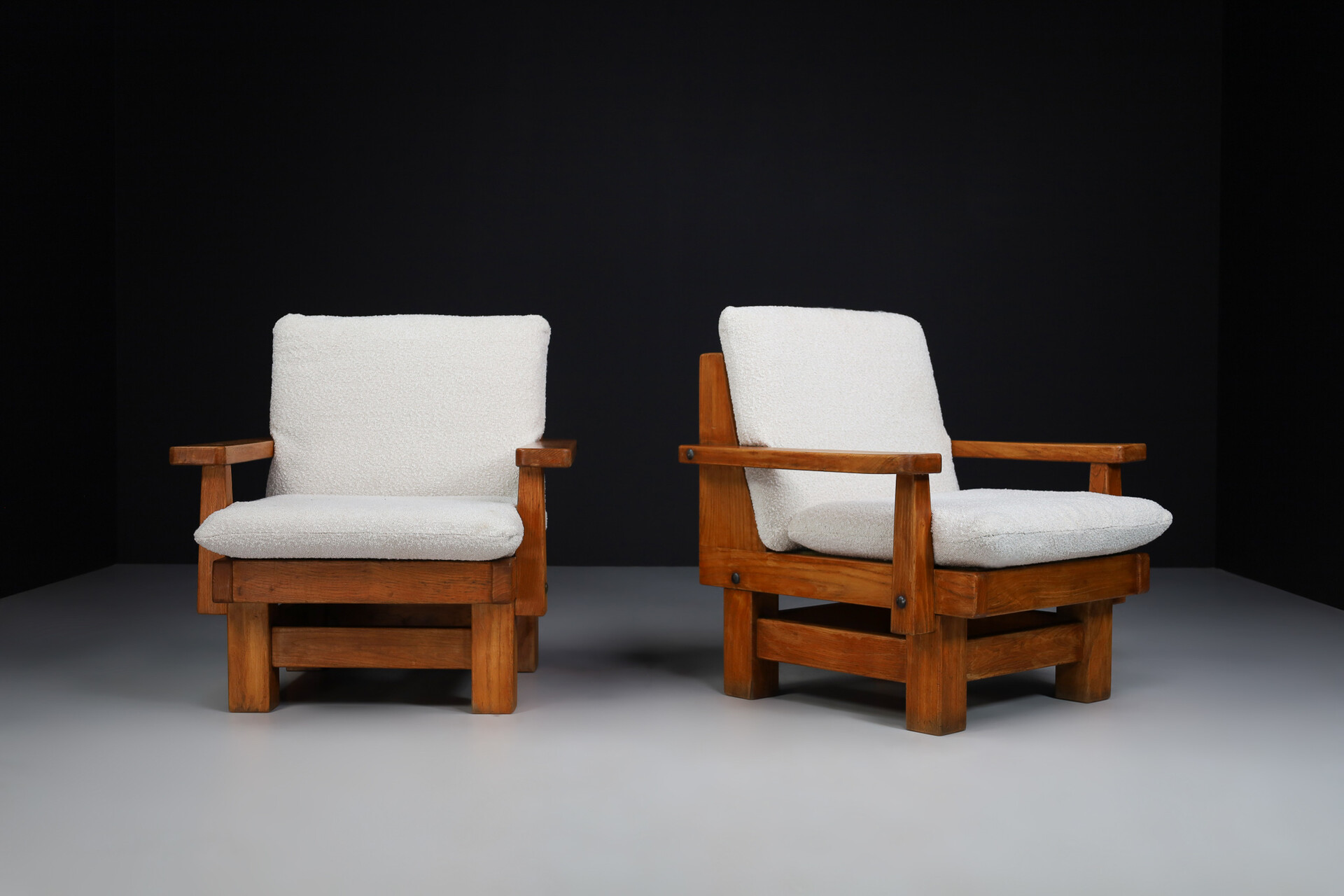 Brutalist Primitive oak and bouclé armchairs , Spain 1950s Mid-20th century