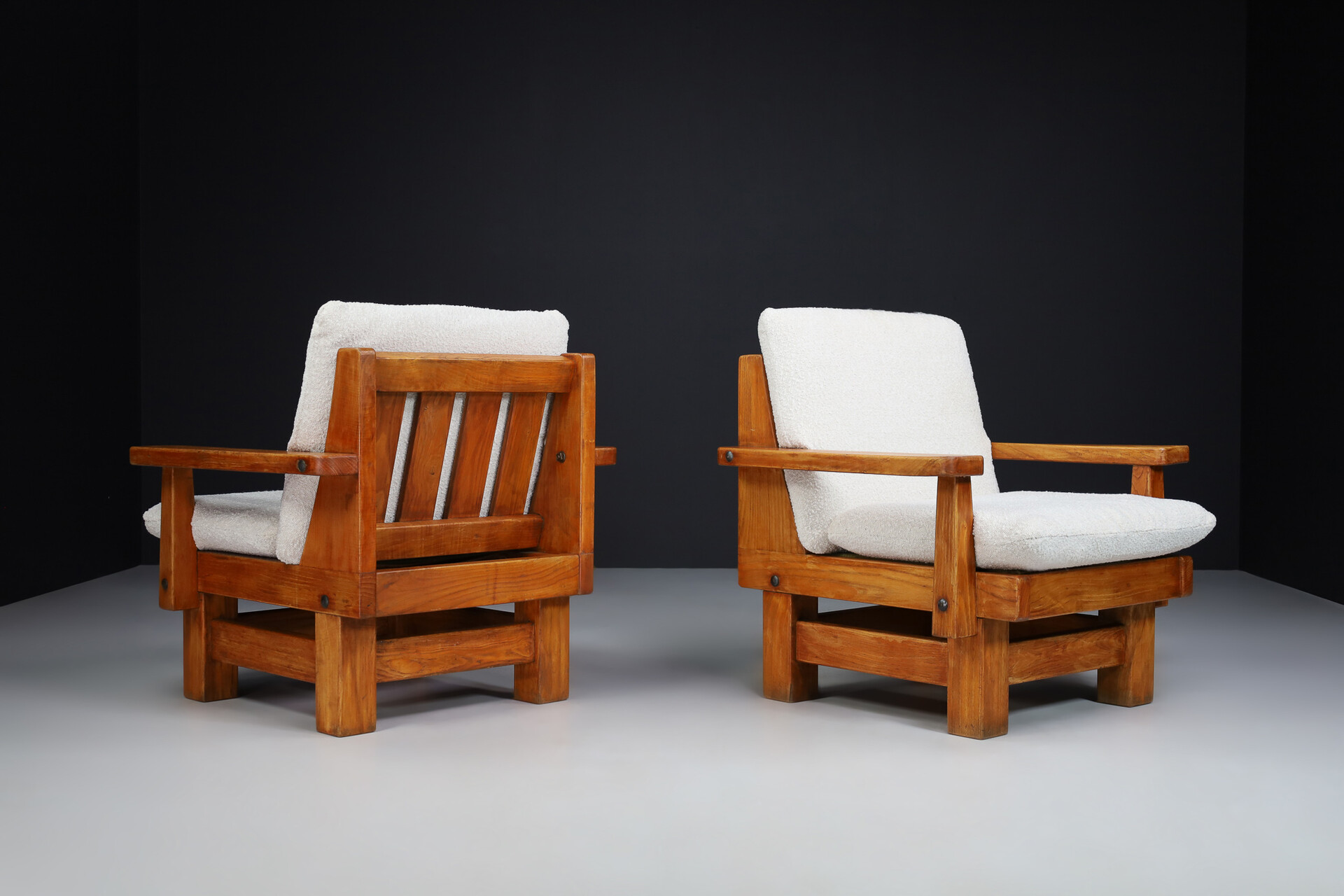 Brutalist Primitive oak and bouclé armchairs , Spain 1950s Mid-20th century