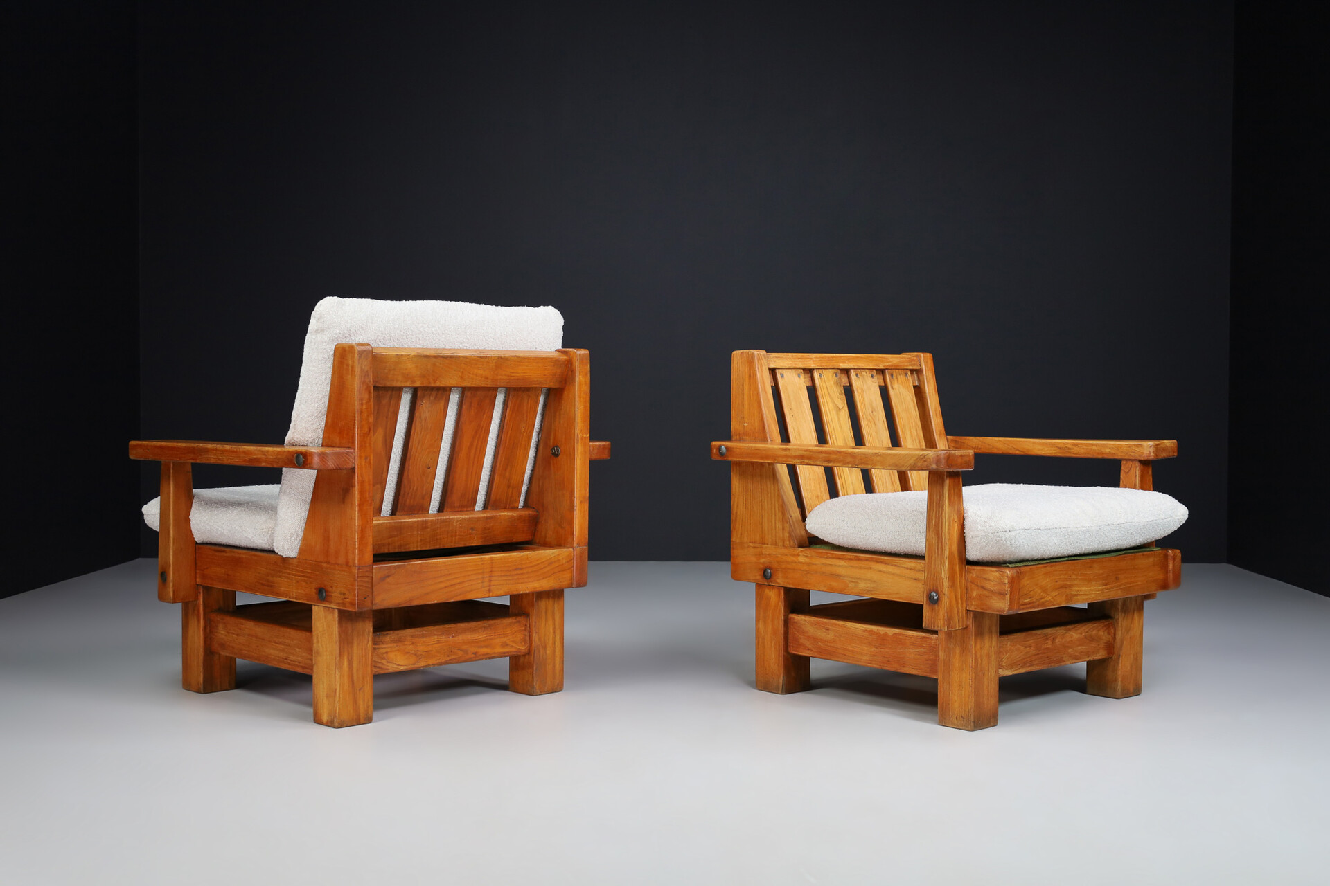 Brutalist Primitive oak and bouclé armchairs , Spain 1950s Mid-20th century