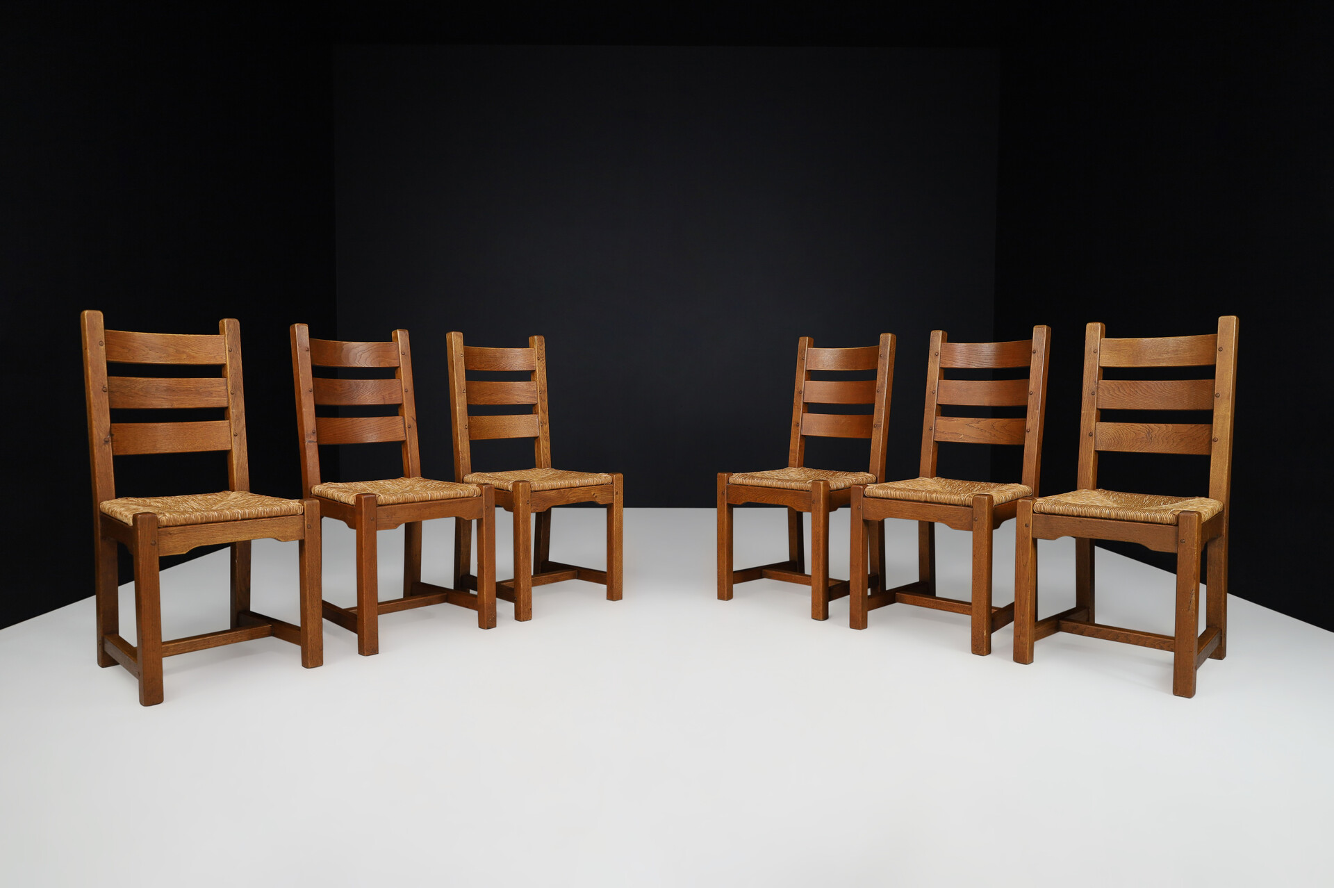 Brutalist / Primitive Oak and Rush Dining Chairs, France 1960s Mid-20th century