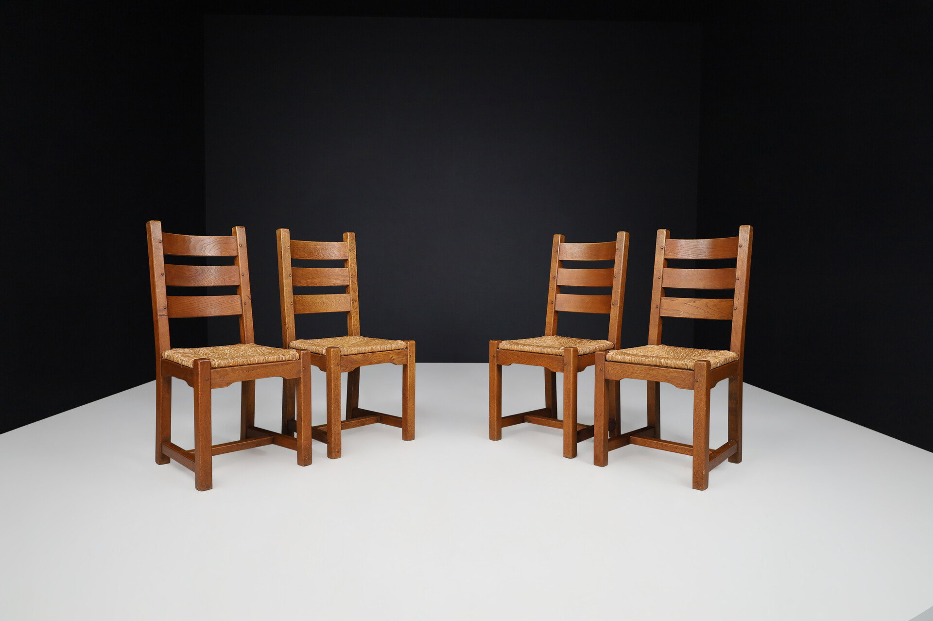 Brutalist / Primitive Oak and Rush Dining Chairs, France 1960s Mid-20th century