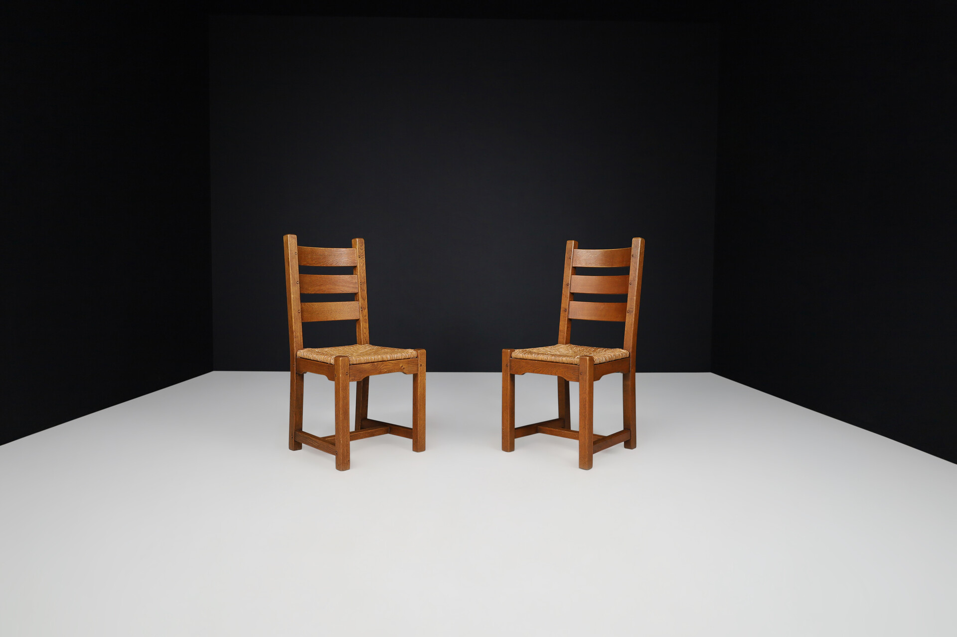 Brutalist / Primitive Oak and Rush Dining Chairs, France 1960s Mid-20th century