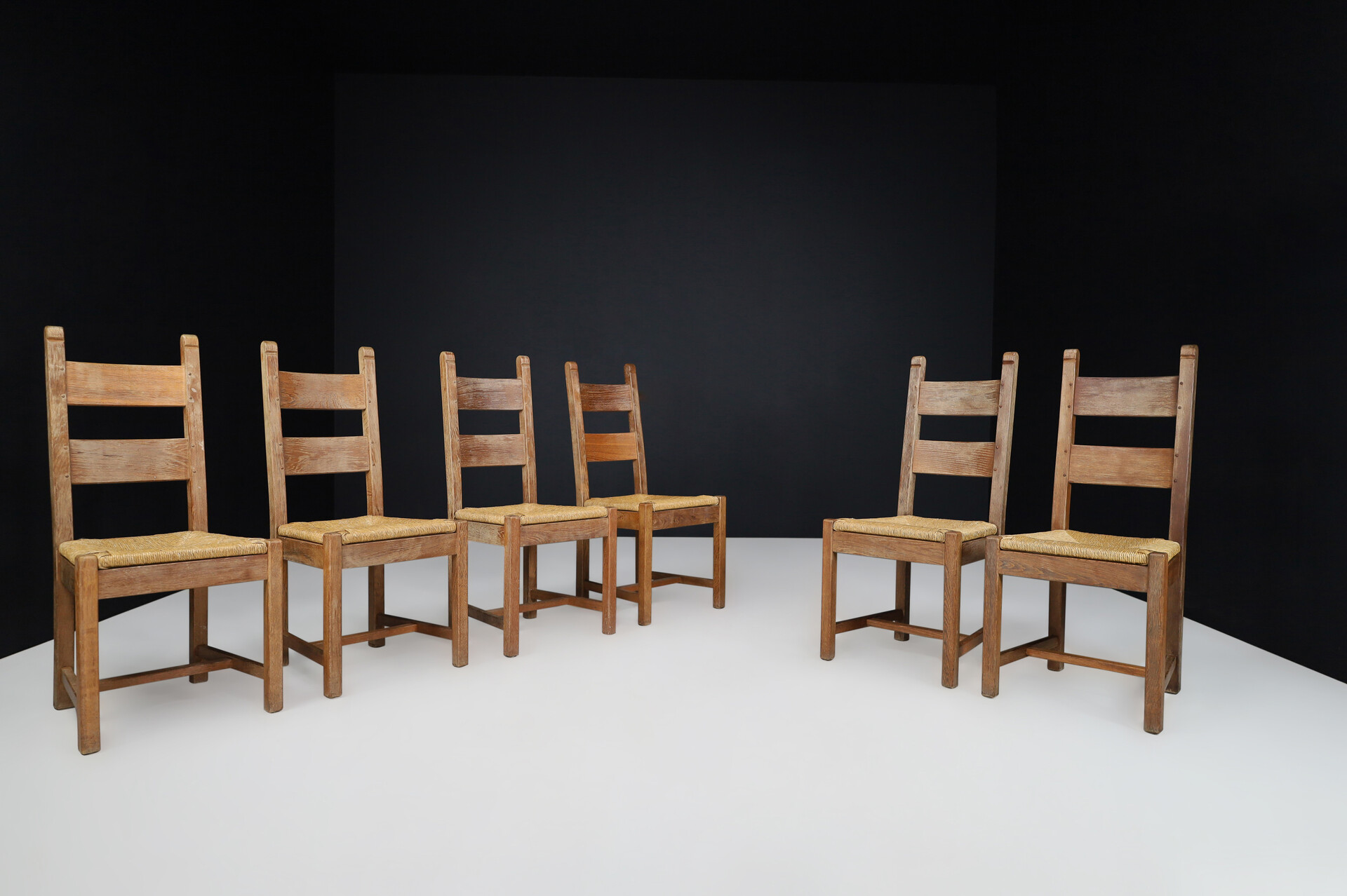 Brutalist / Primitive Oak and Rush Dining Chairs, France 1960s Mid-20th century