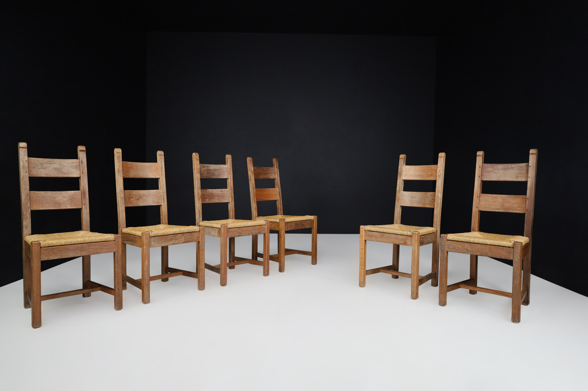 Brutalist / Primitive Oak and Rush Dining Chairs, France 1960s Mid-20th century