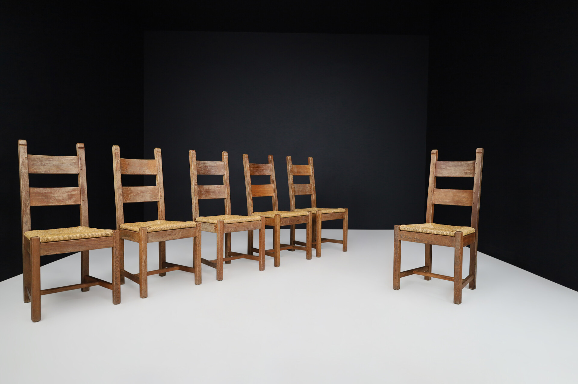 Brutalist / Primitive Oak and Rush Dining Chairs, France 1960s Mid-20th century