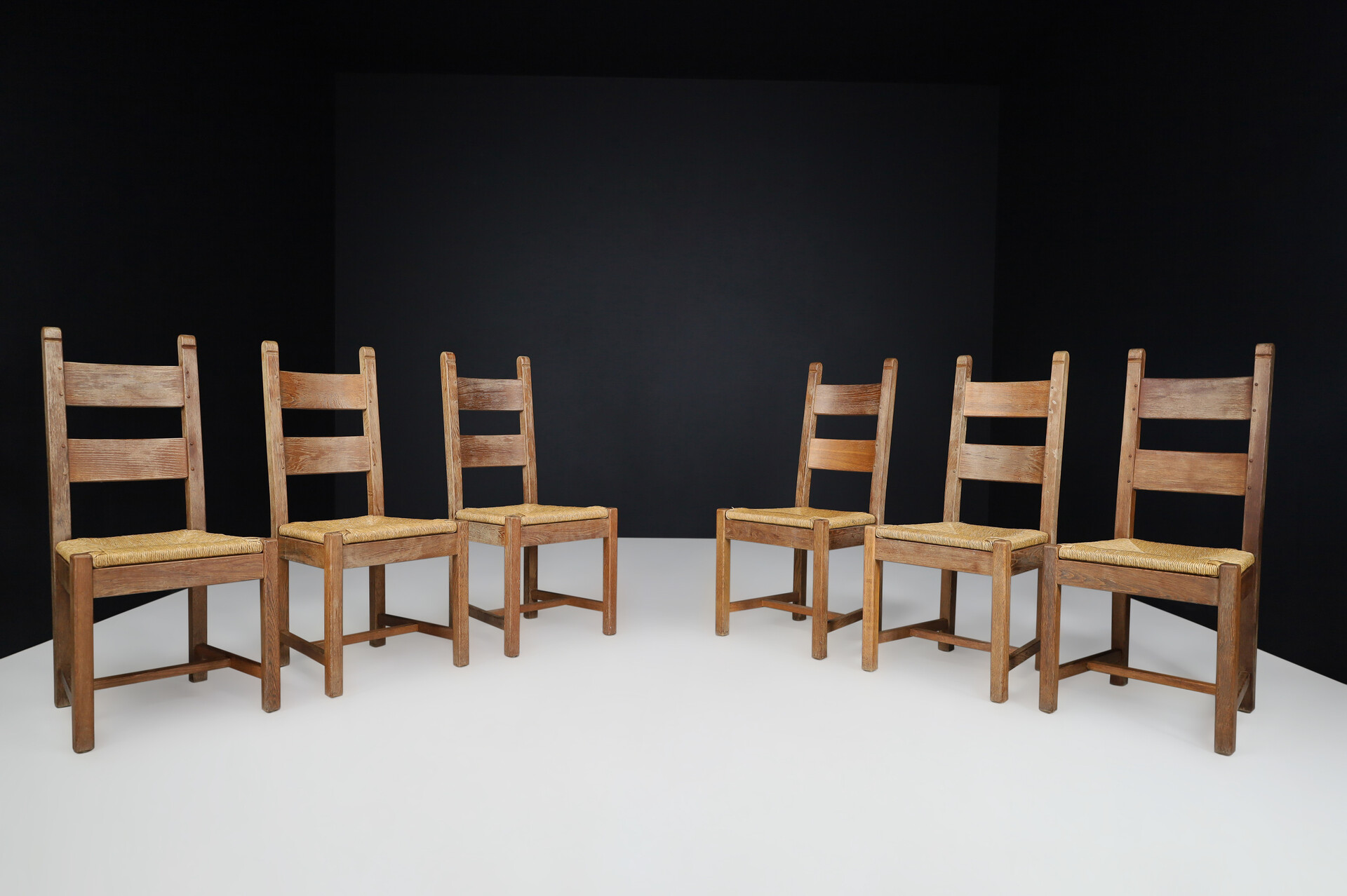 Brutalist / Primitive Oak and Rush Dining Chairs, France 1960s Mid-20th century