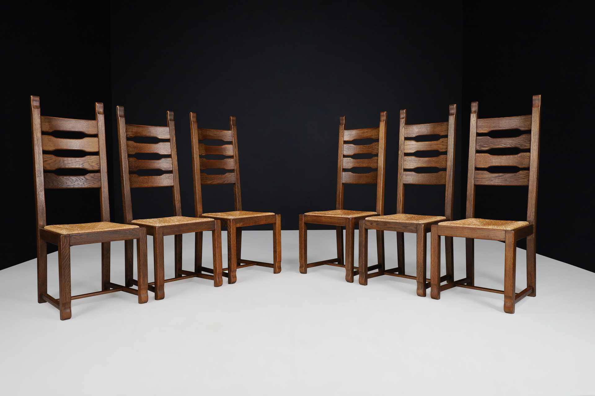 Brutalist / Primitive Oak and Rush Dining Chairs, France 1960s Mid-20th century