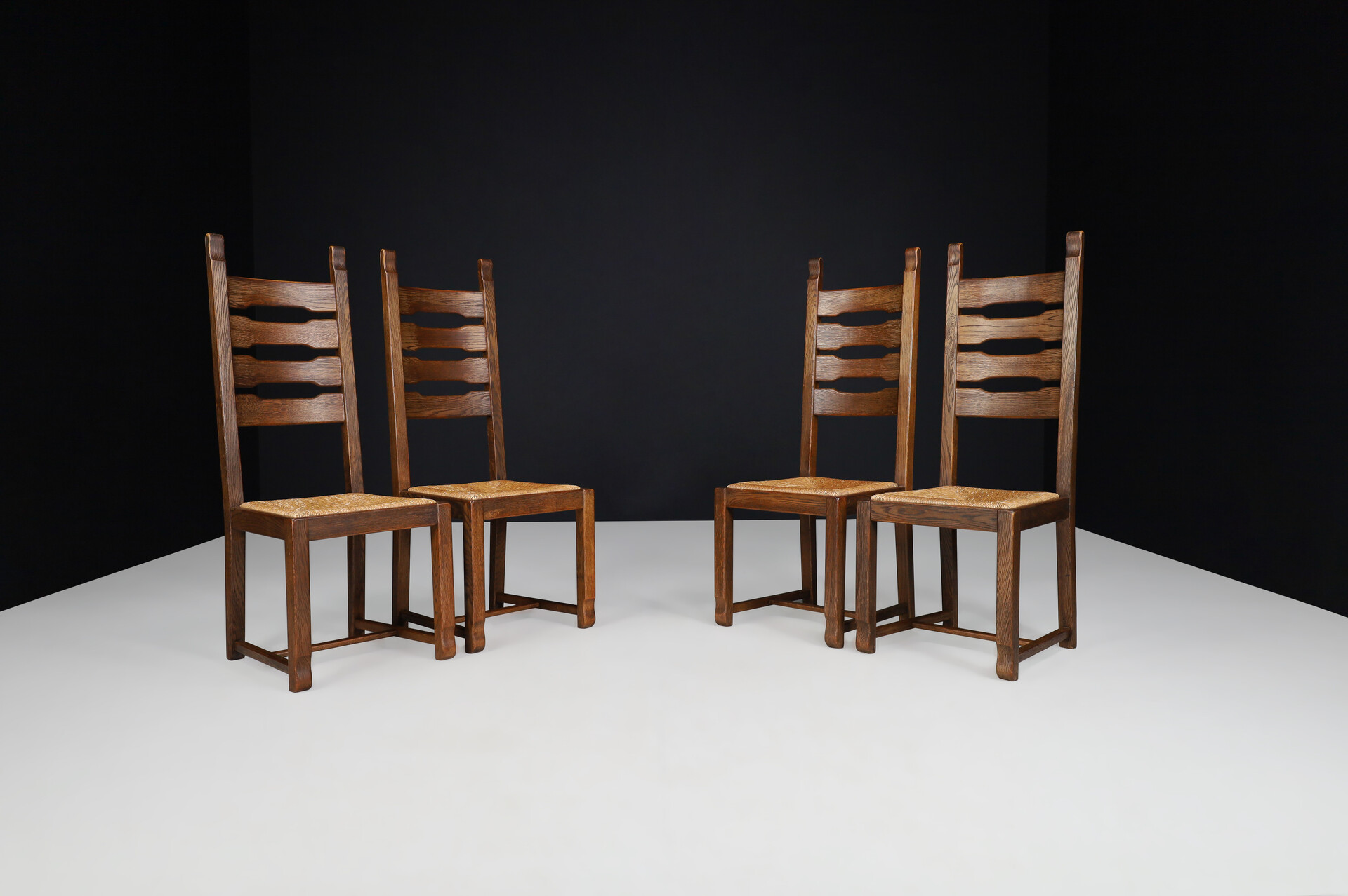 Brutalist / Primitive Oak and Rush Dining Chairs, France 1960s Mid-20th century