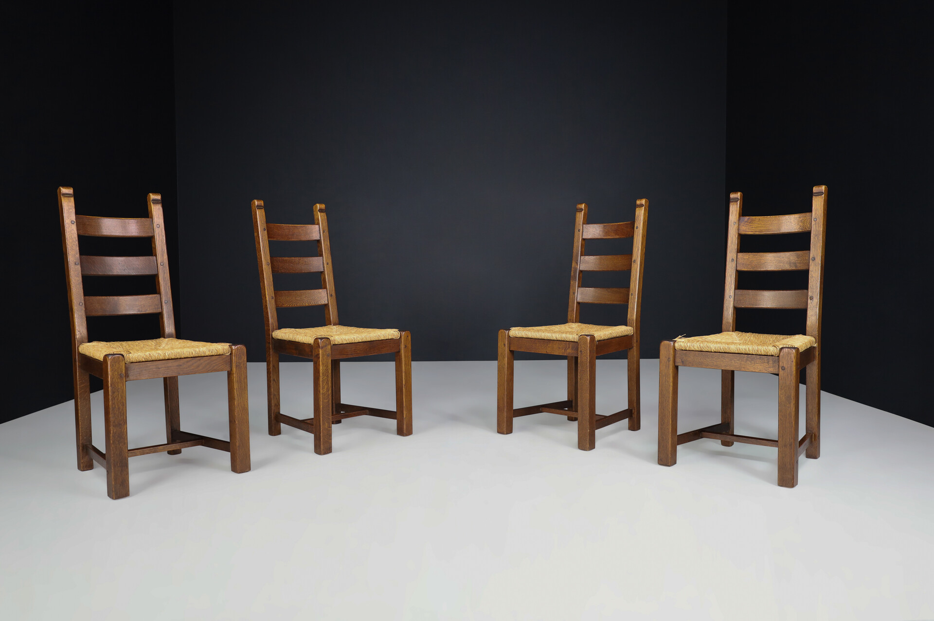 Brutalist / Primitive Oak and Rush Dining Chairs, France 1960s Mid-20th century