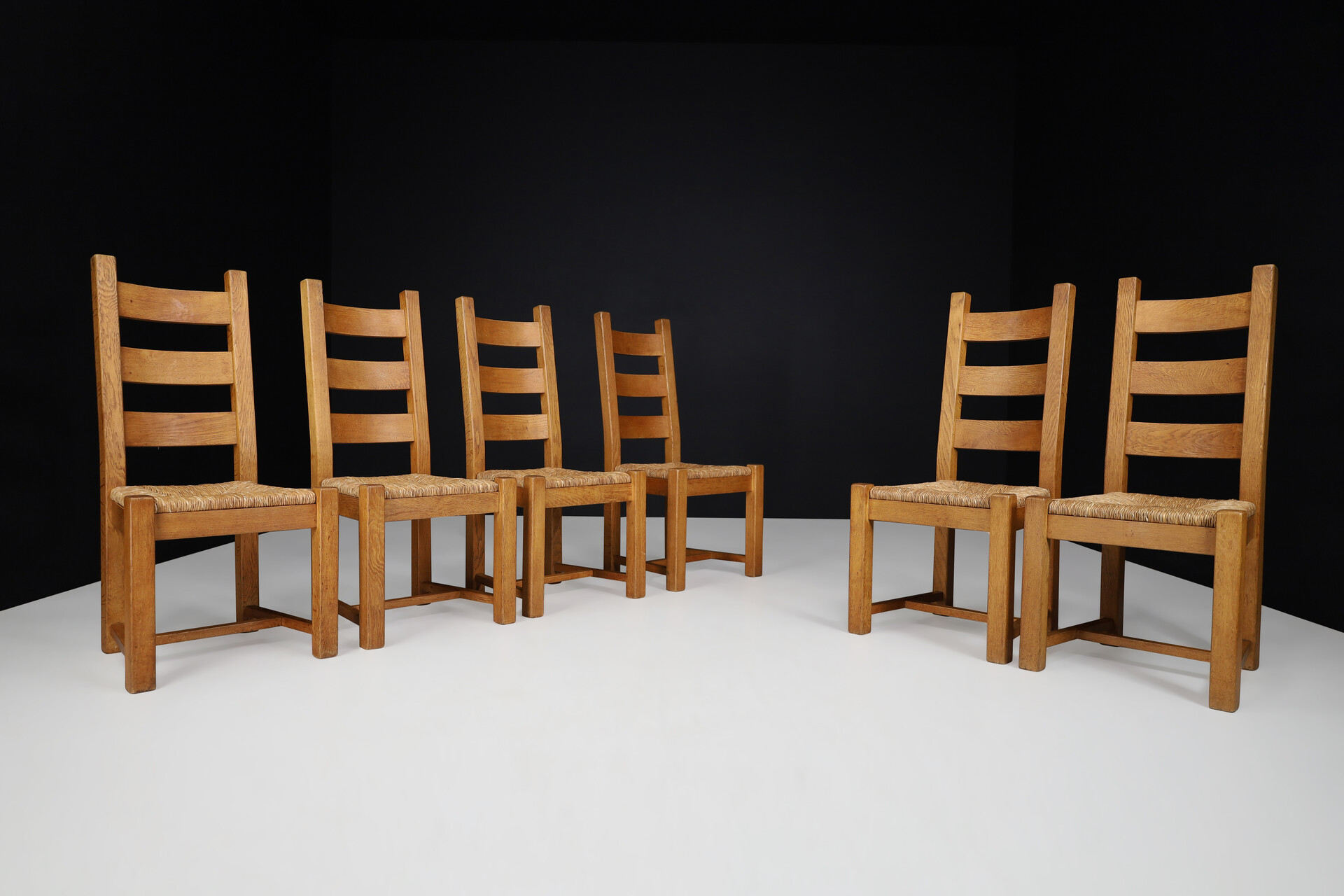 Brutalist Primitive Oak And Rush Dining Chairs, France 1960s Mid-20th century