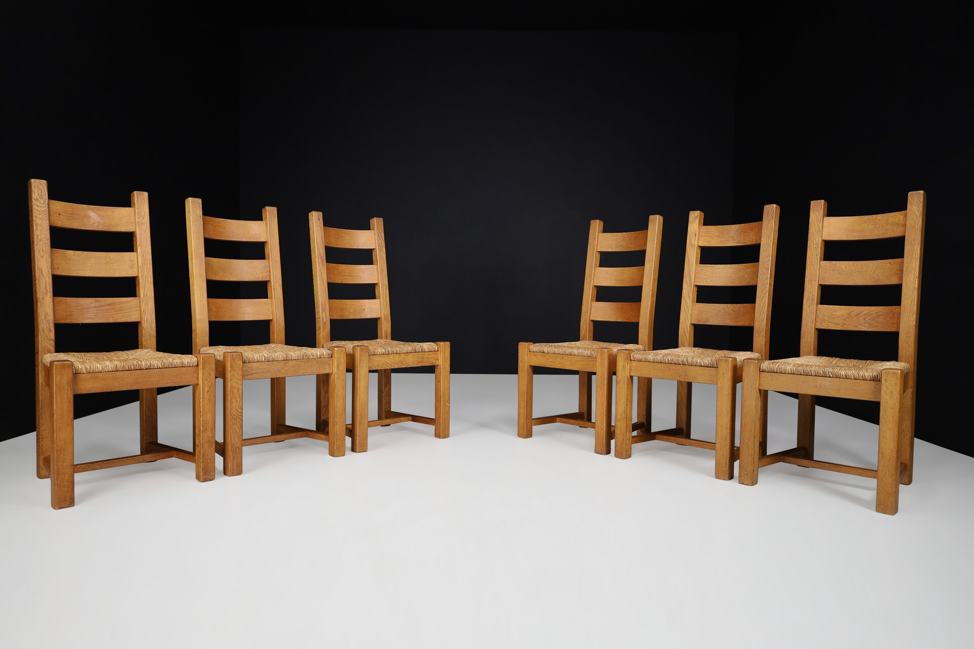 Brutalist Primitive Oak And Rush Dining Chairs, France 1960s Mid-20th century