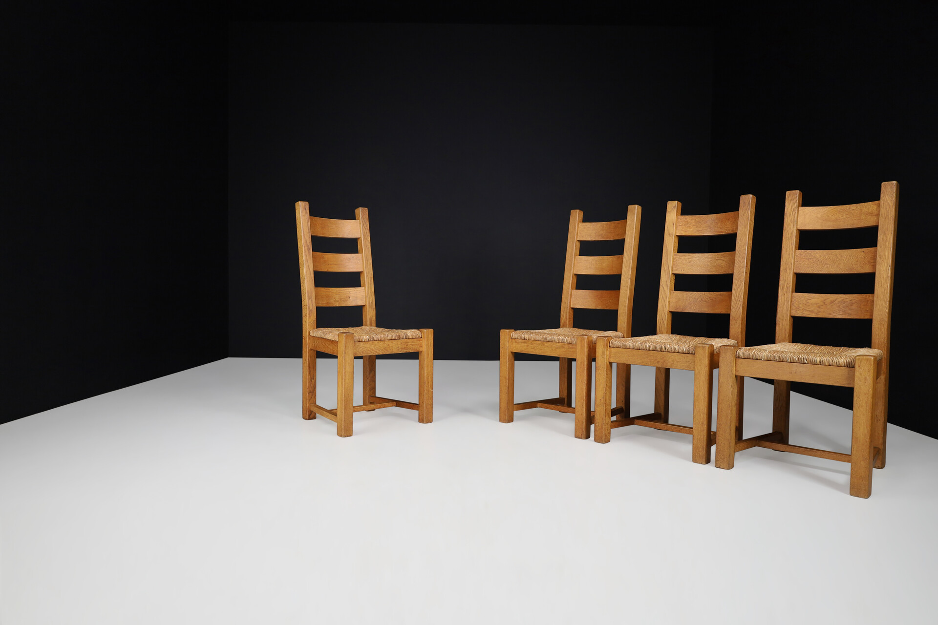 Brutalist Primitive Oak And Rush Dining Chairs, France 1960s Mid-20th century