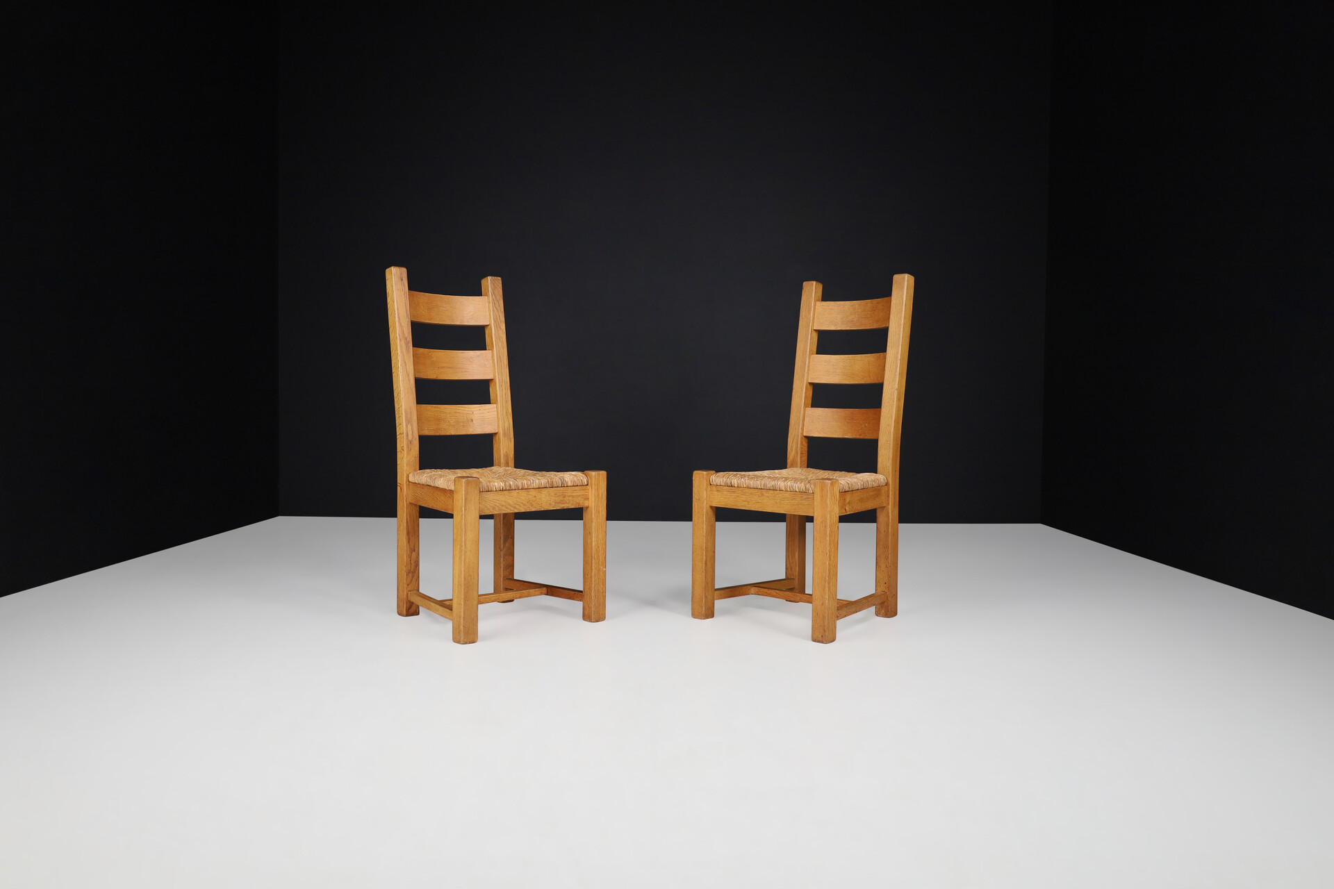 Brutalist Primitive Oak And Rush Dining Chairs, France 1960s Mid-20th century
