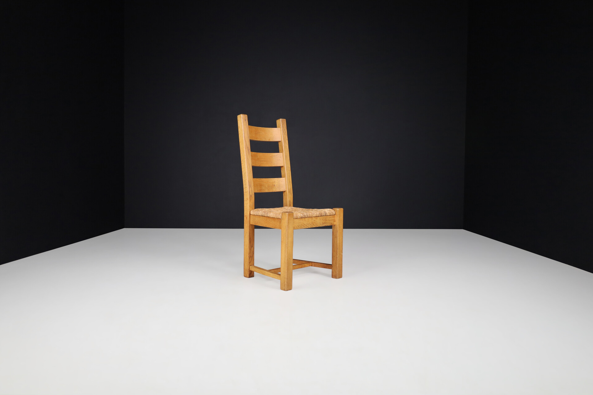 Brutalist Primitive Oak And Rush Dining Chairs, France 1960s Mid-20th century