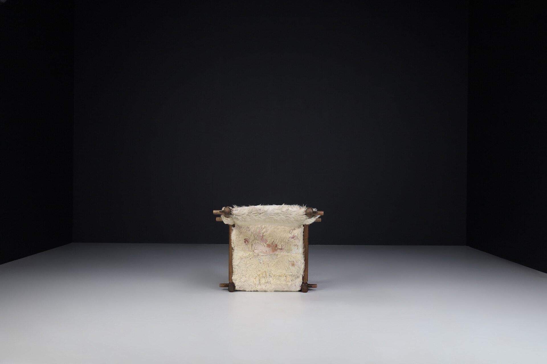 Brutalist Primitive oak side chair with lamswool fur , France 1950s Mid-20th century