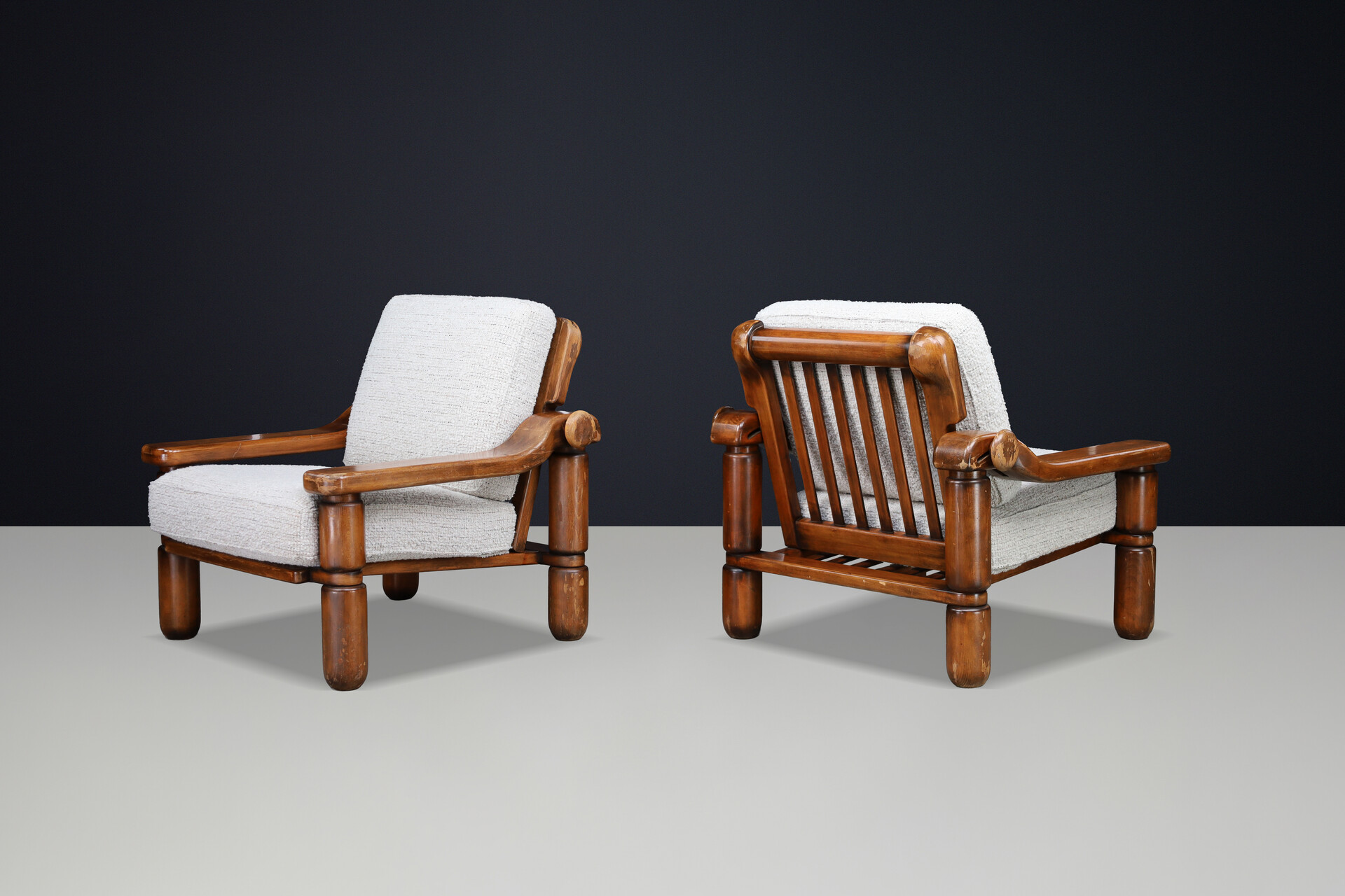 Brutalist Sculptural Solid Wood Lounge Chairs Italian Adjustable Armchairs 1970s Late-20th century