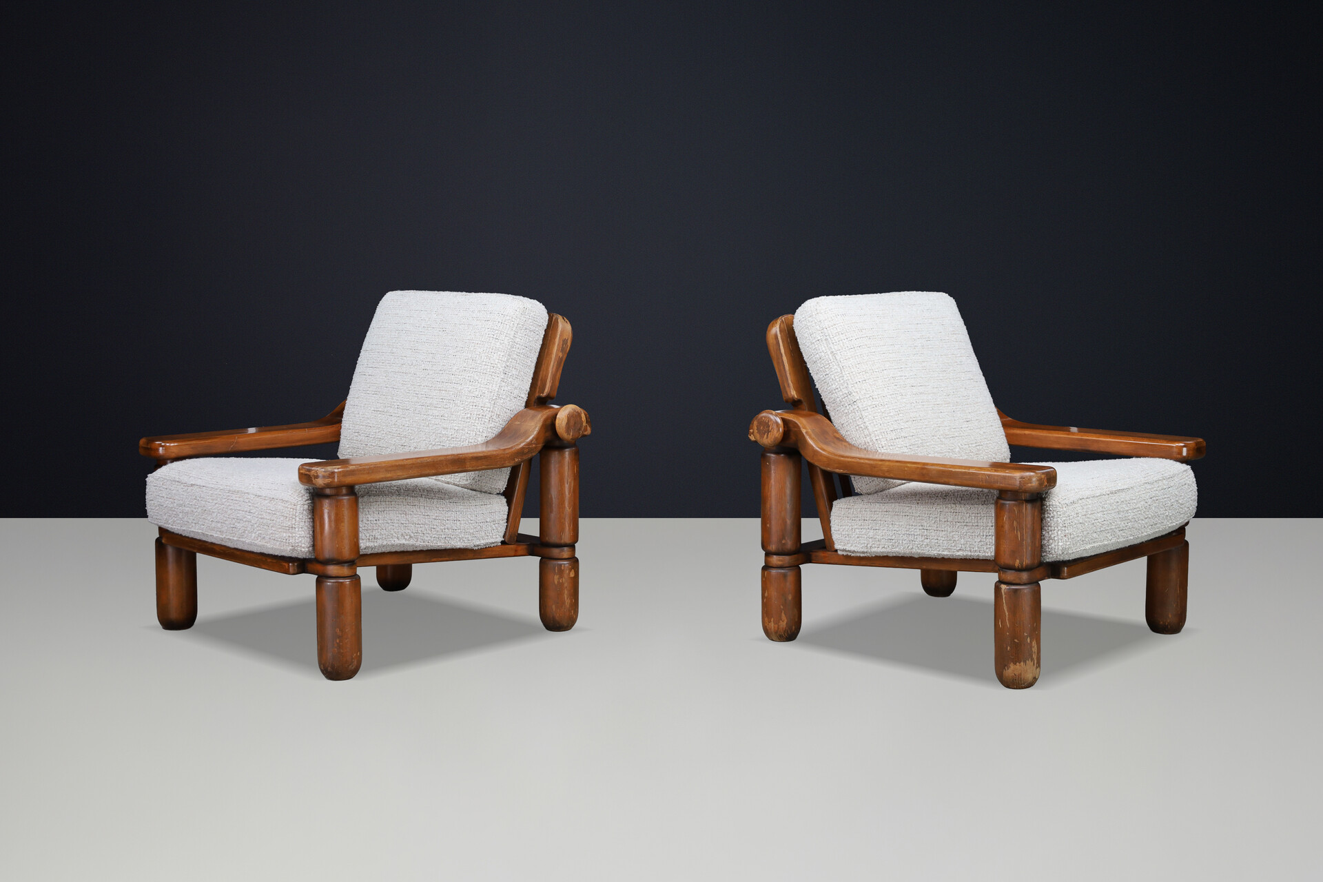 Brutalist Sculptural Solid Wood Lounge Chairs Italian Adjustable Armchairs 1970s Late-20th century