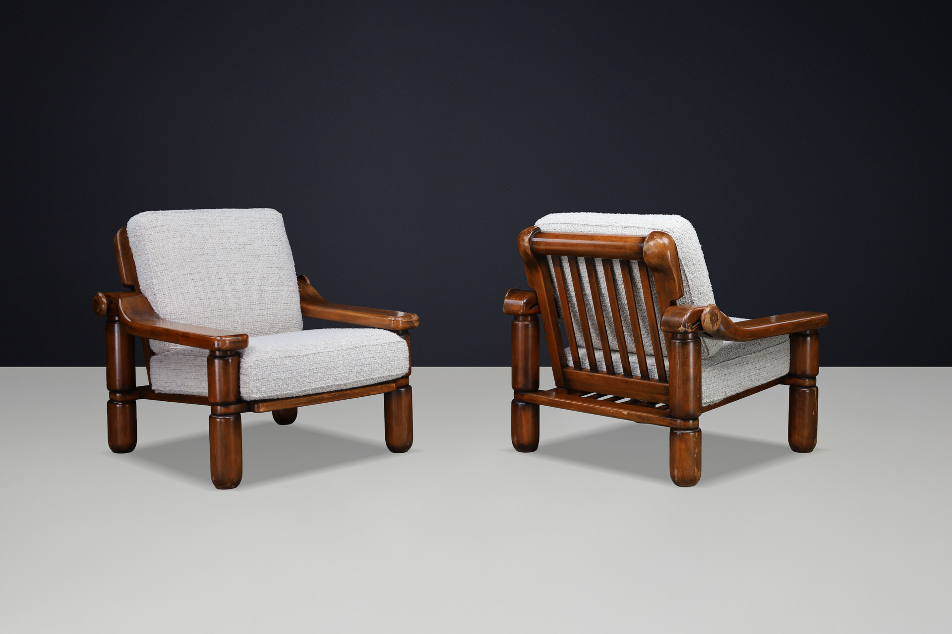 Brutalist Sculptural Solid Wood Lounge Chairs Italian Adjustable Armchairs 1970s Late-20th century