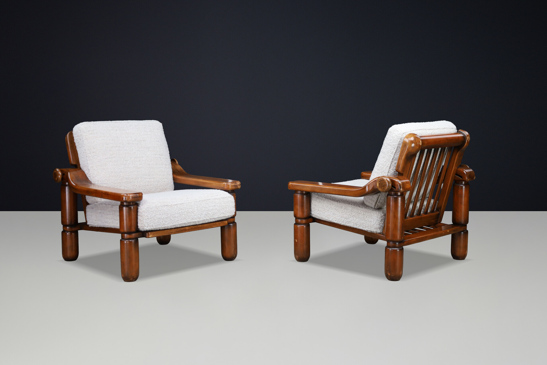 Brutalist Sculptural Solid Wood Lounge Chairs Italian Adjustable Armchairs 1970s Late-20th century