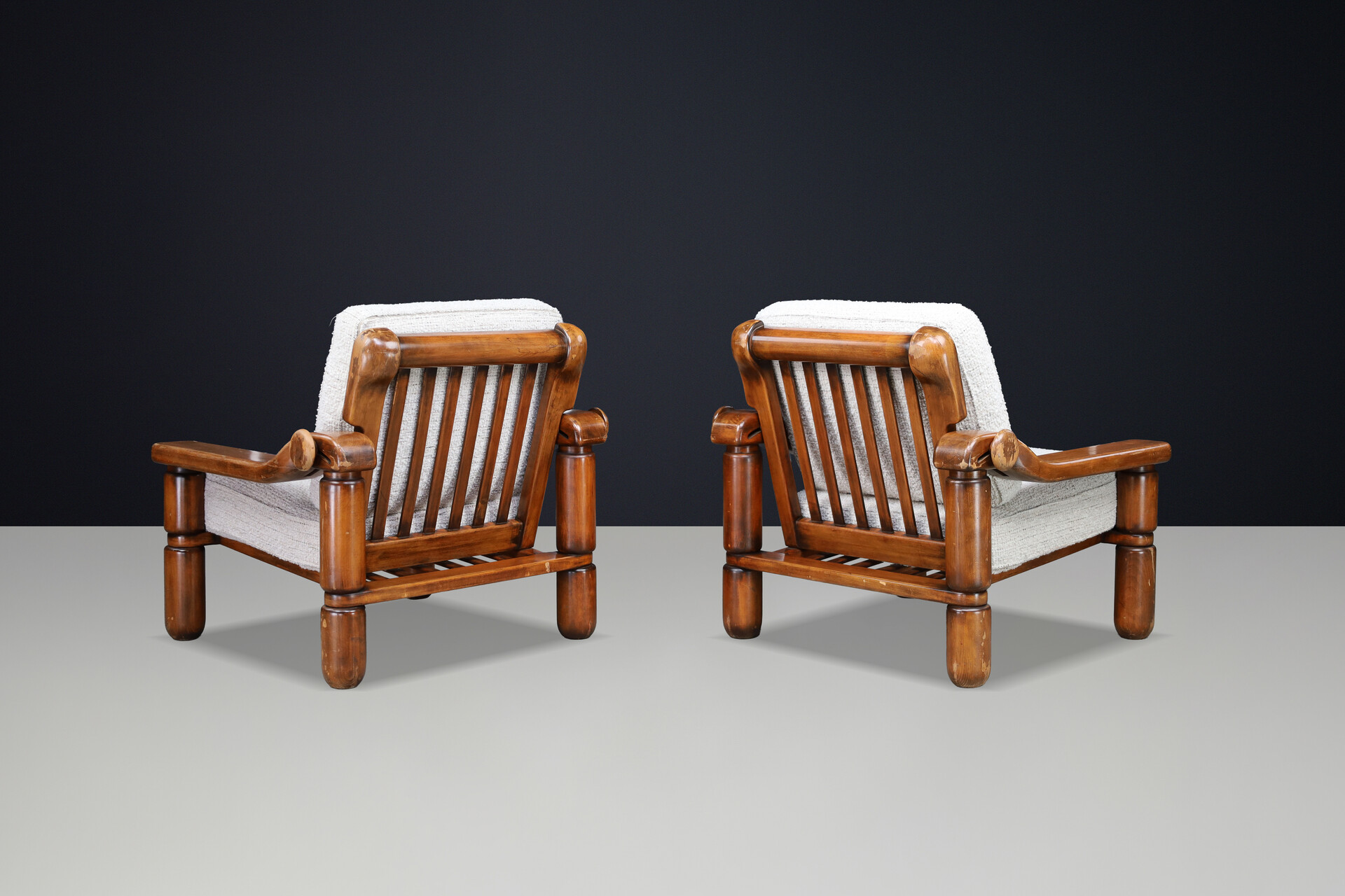Brutalist Sculptural Solid Wood Lounge Chairs Italian Adjustable Armchairs 1970s Late-20th century