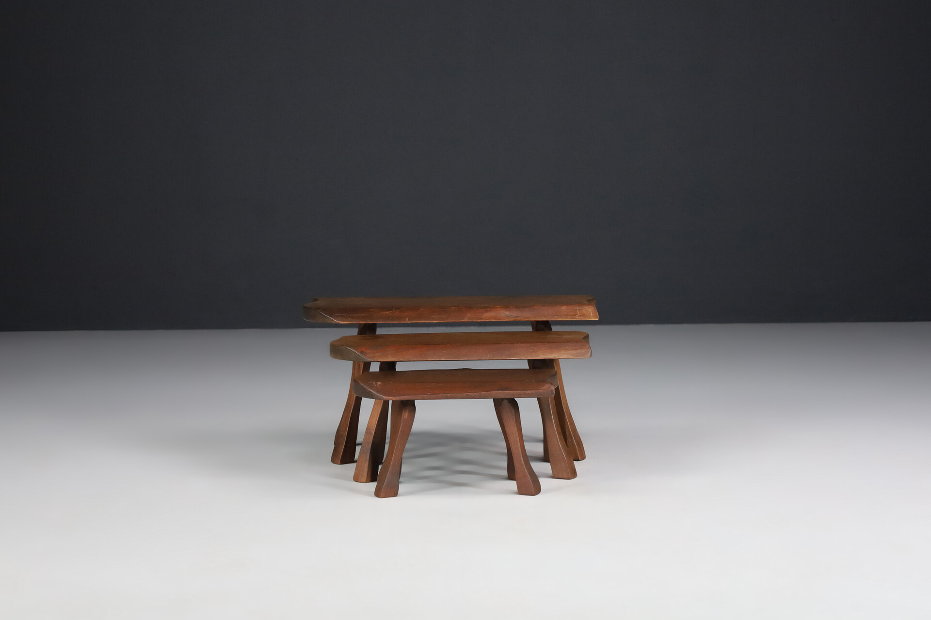 Brutalist Side tables in Oak set/3 France 1950s Mid-20th century