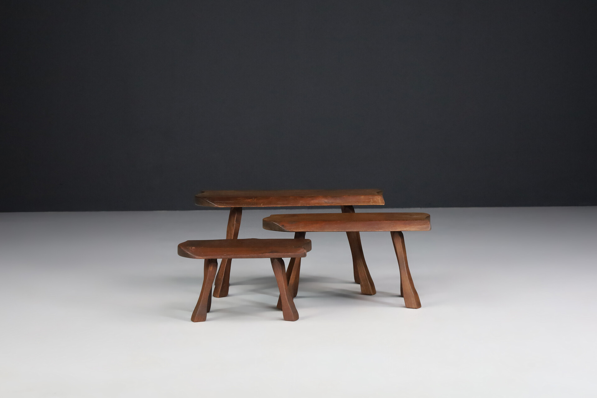 Brutalist Side tables in Oak set/3 France 1950s Mid-20th century