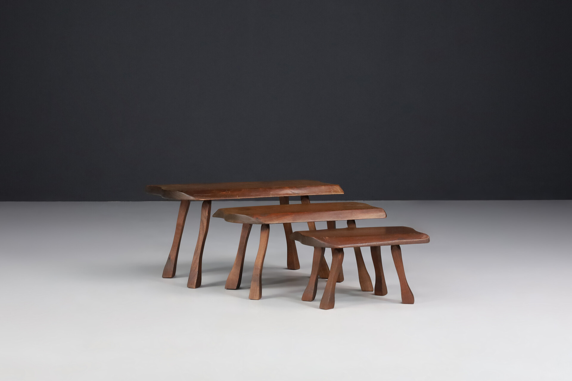 Brutalist Side tables in Oak set/3 France 1950s Mid-20th century