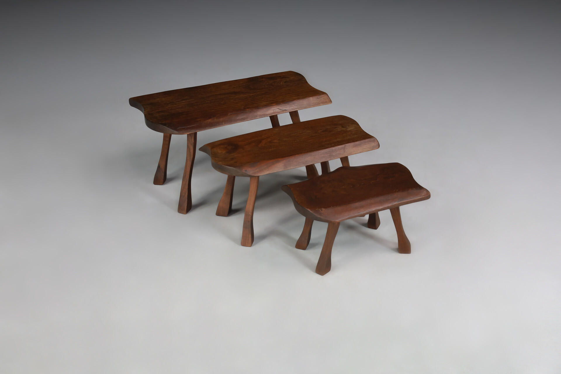 Brutalist Side tables in Oak set/3 France 1950s Mid-20th century