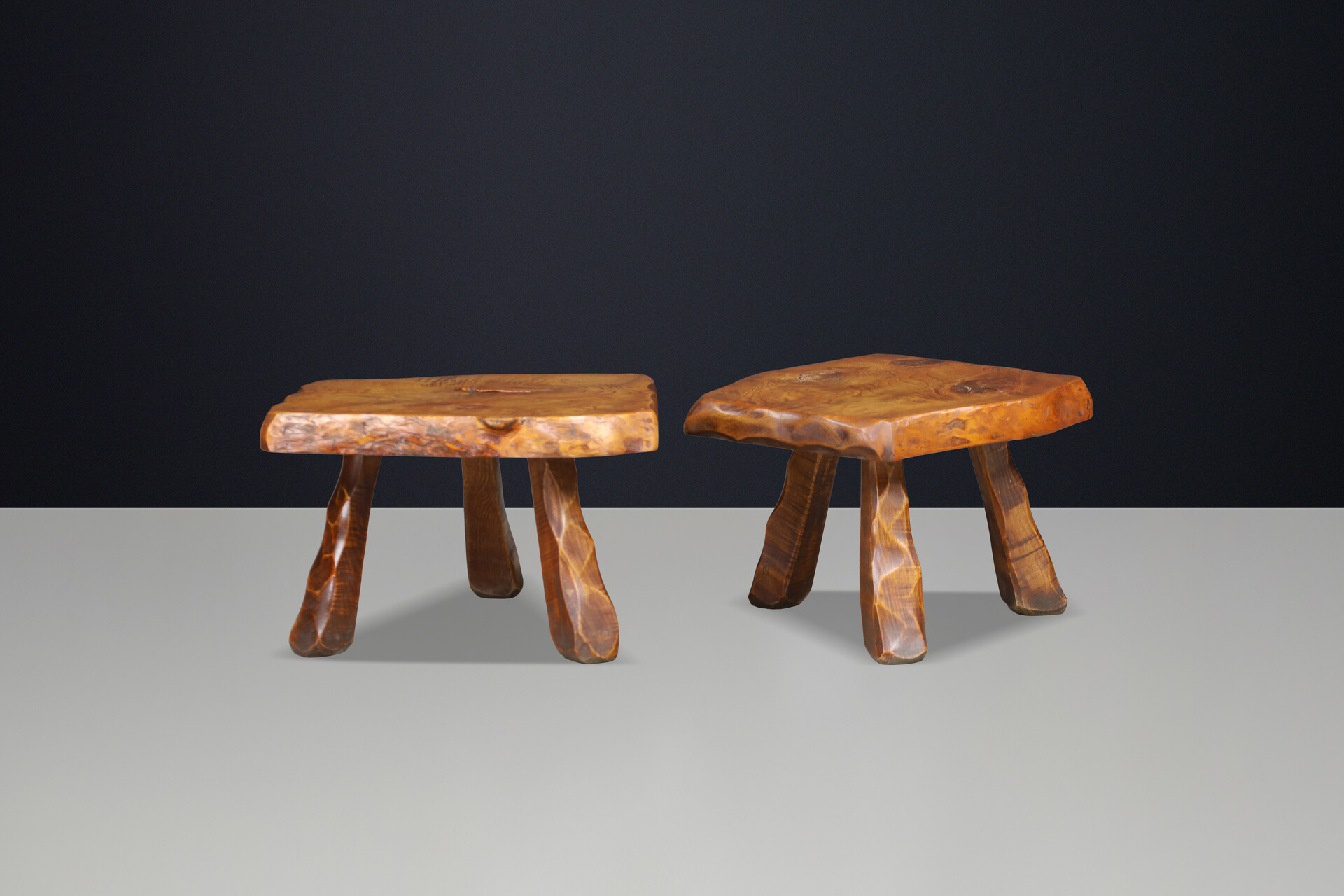 Brutalist Solid Elm Side Tables, Set of 2, France, 1960s Mid-20th century