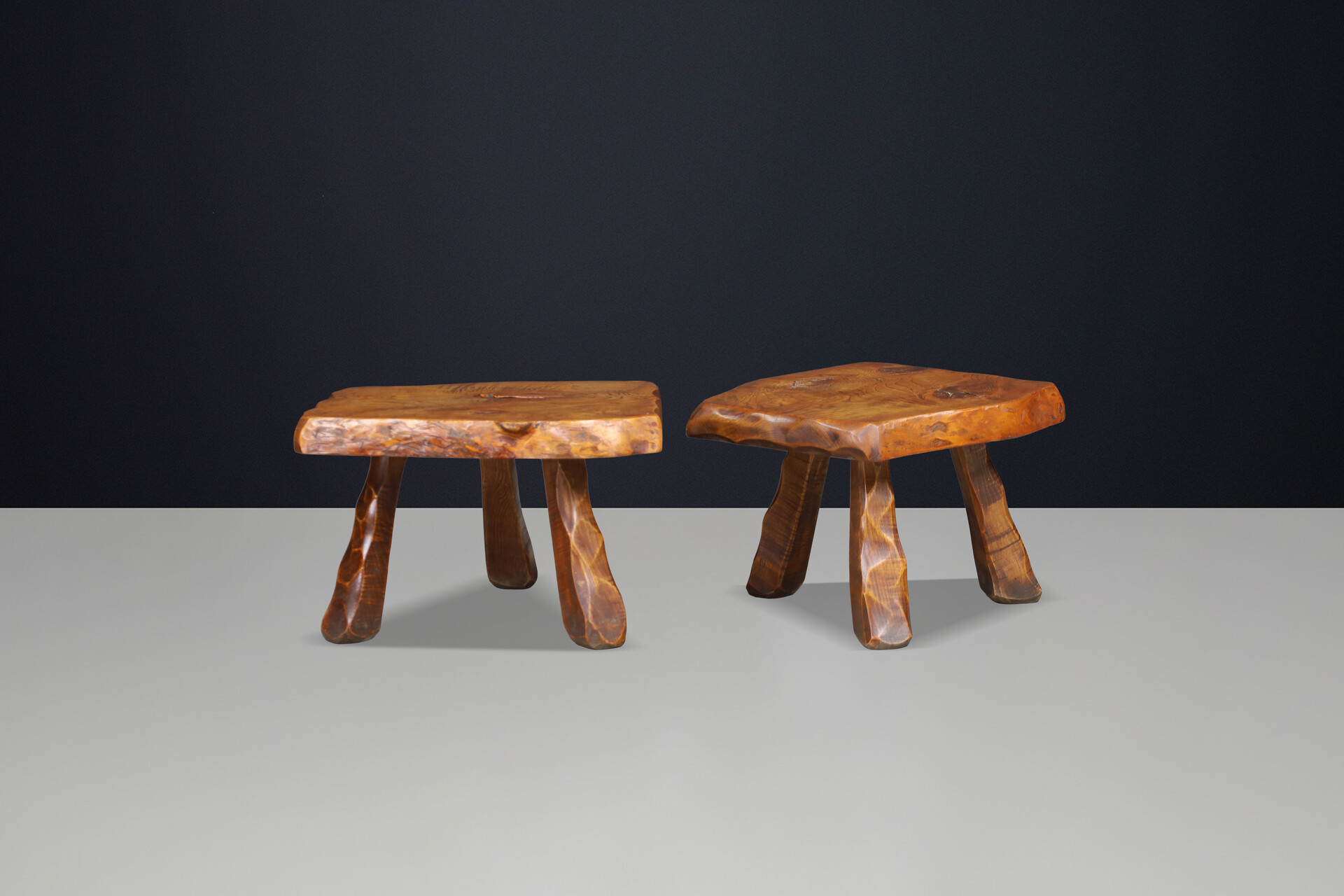 Brutalist Solid Elm Side Tables, Set of 2, France, 1960s Mid-20th century