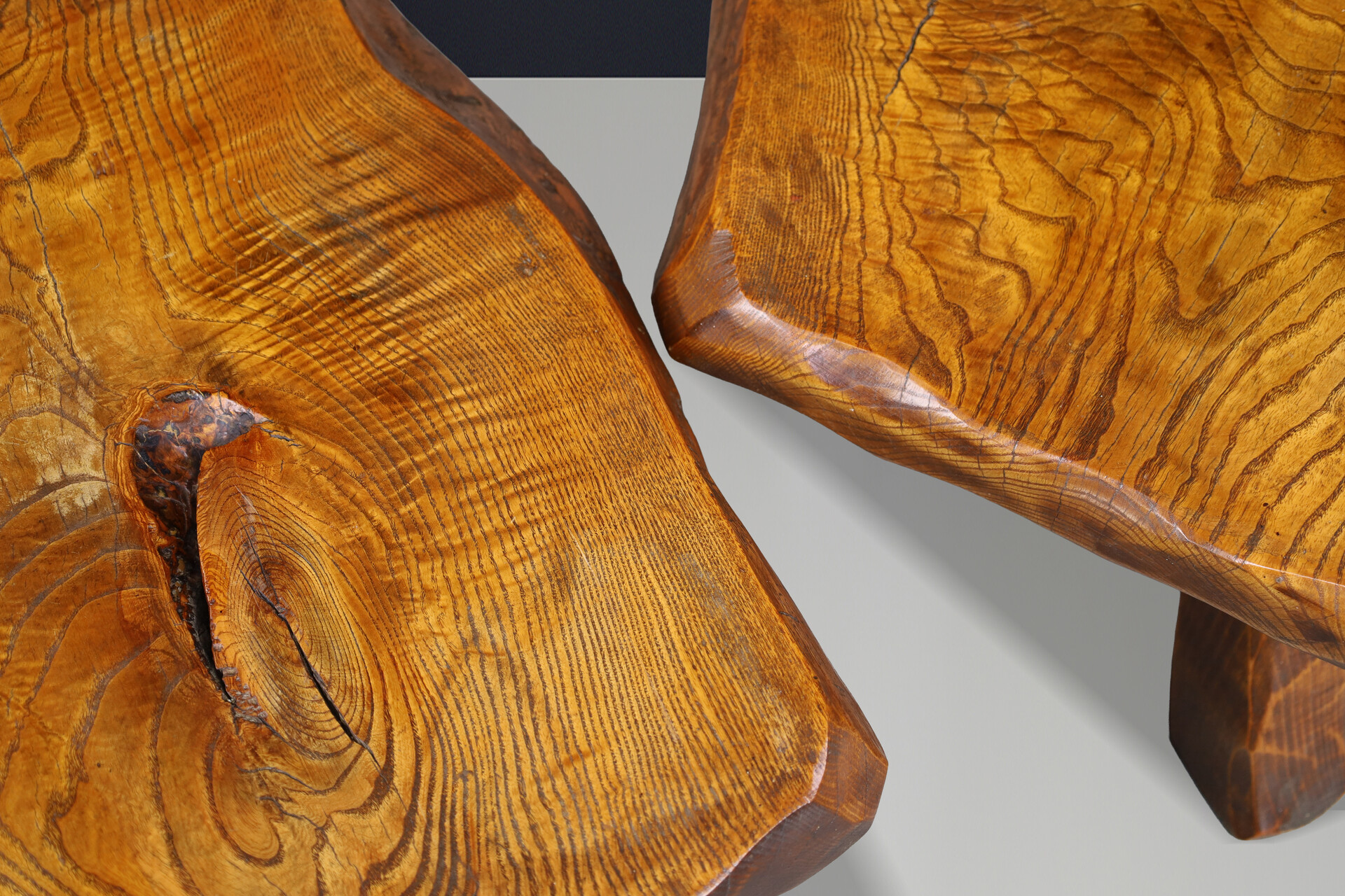 Brutalist Solid Elm Side Tables, Set of 2, France, 1960s Mid-20th century