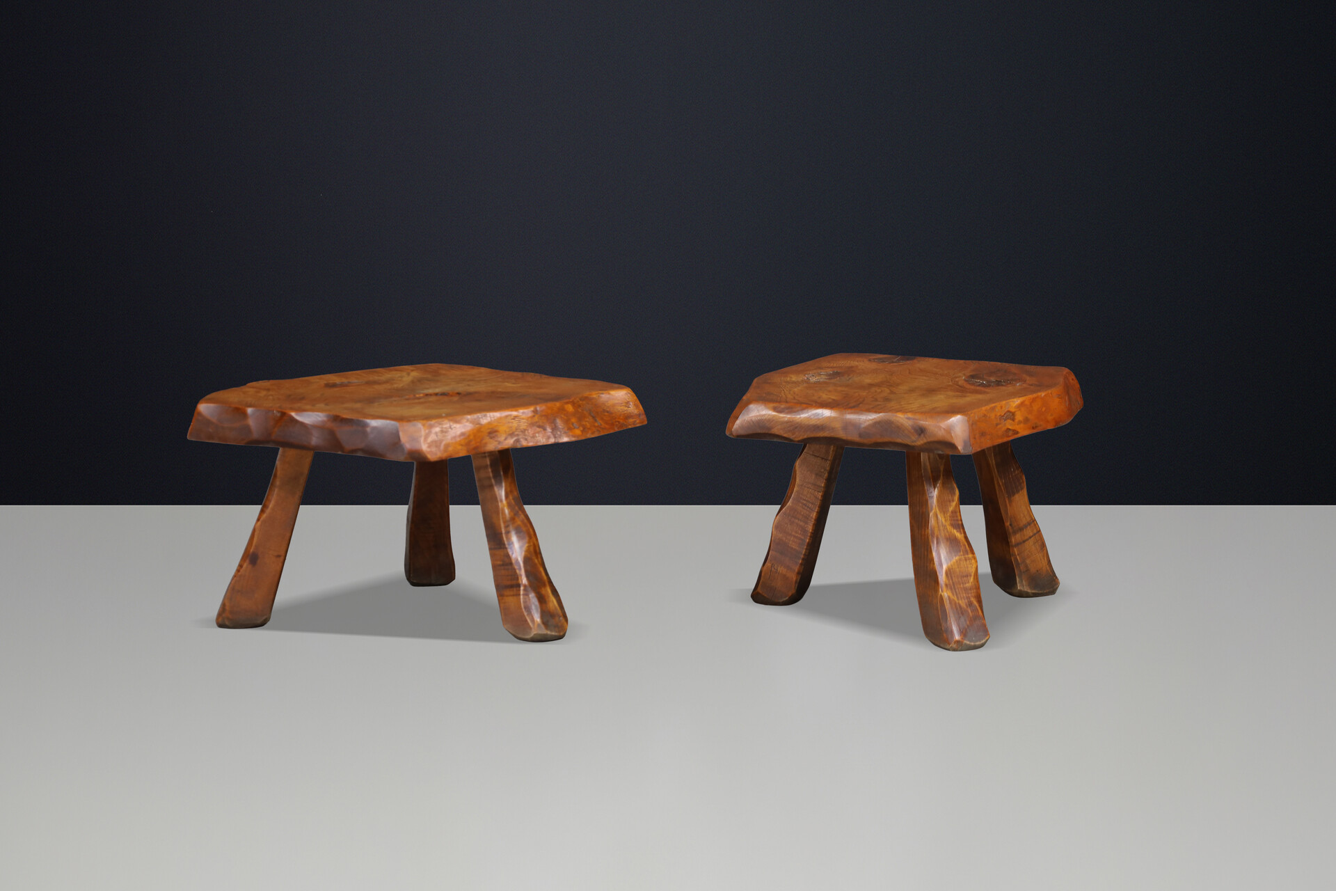 Brutalist Solid Elm Side Tables, Set of 2, France, 1960s Mid-20th century