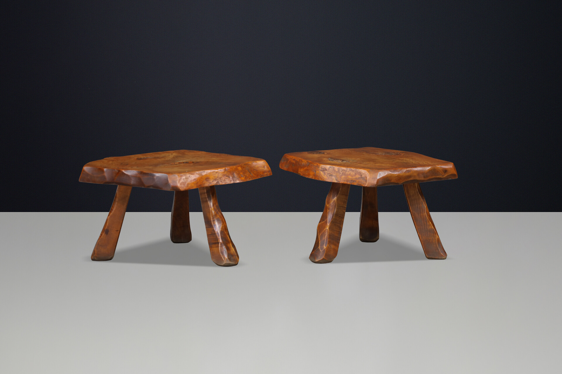 Brutalist Solid Elm Side Tables, Set of 2, France, 1960s Mid-20th century