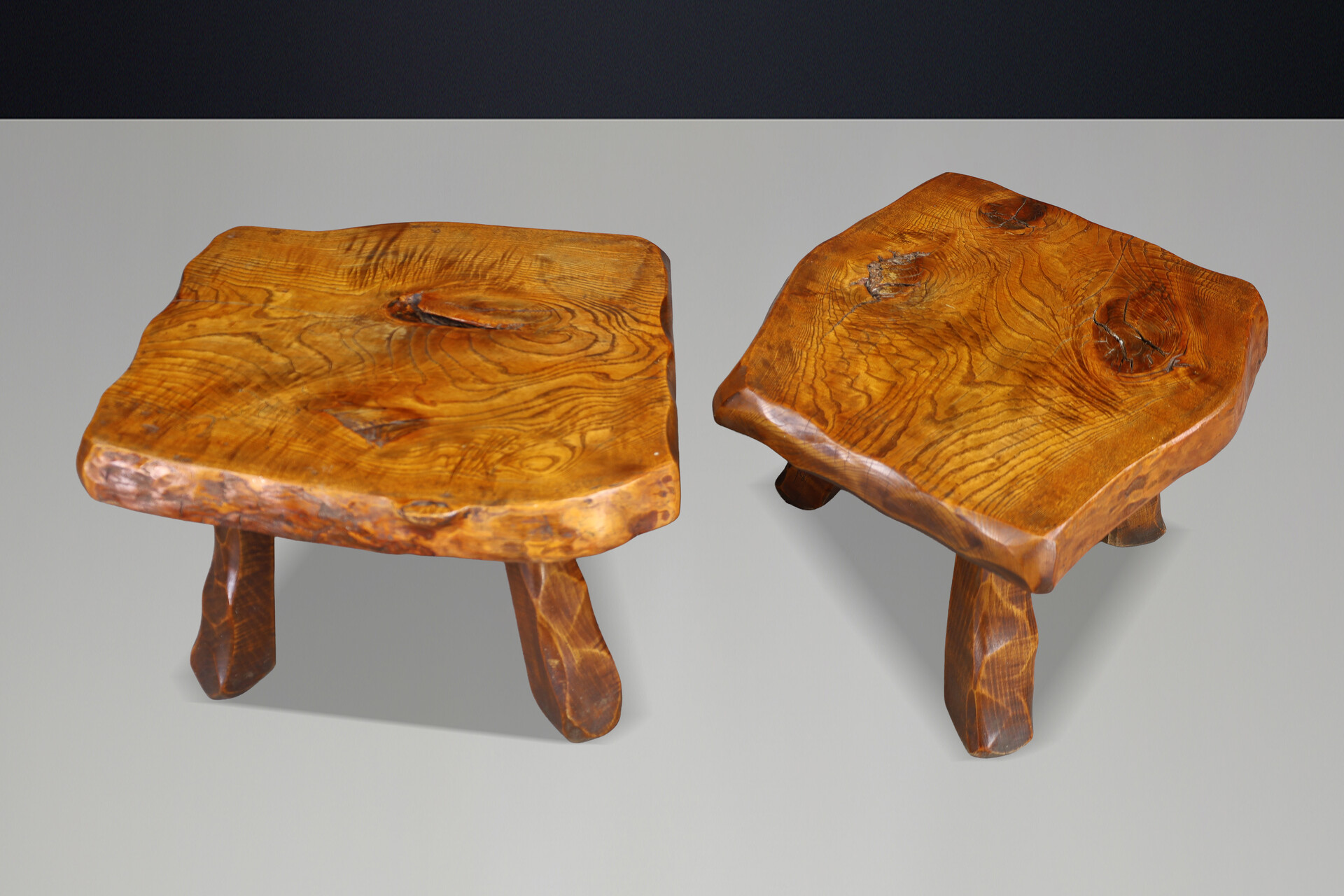 Brutalist Solid Elm Side Tables, Set of 2, France, 1960s Mid-20th century