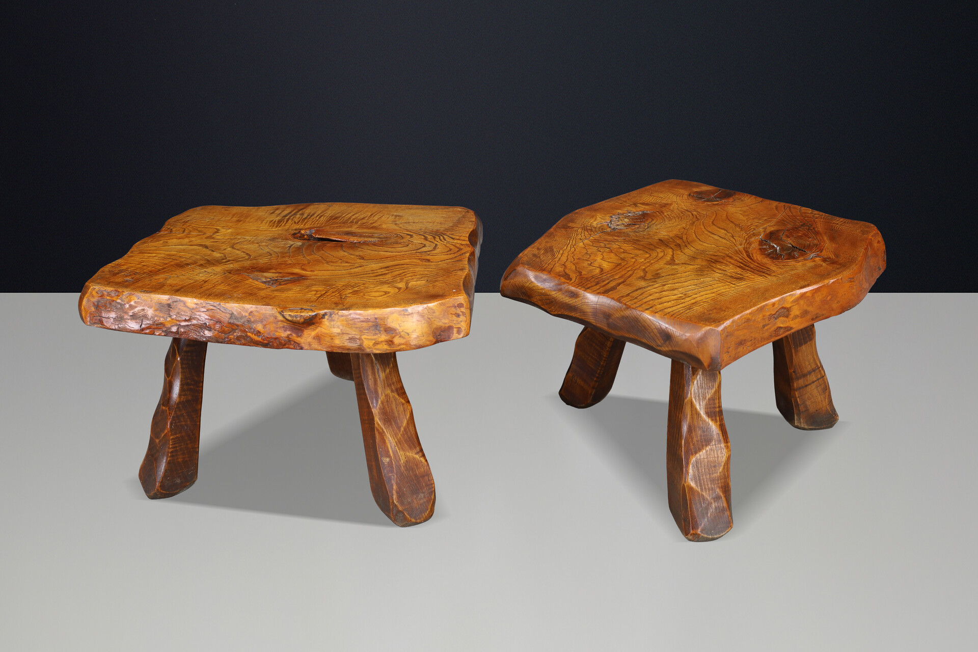 Brutalist Solid Elm Side Tables, Set of 2, France, 1960s Mid-20th century