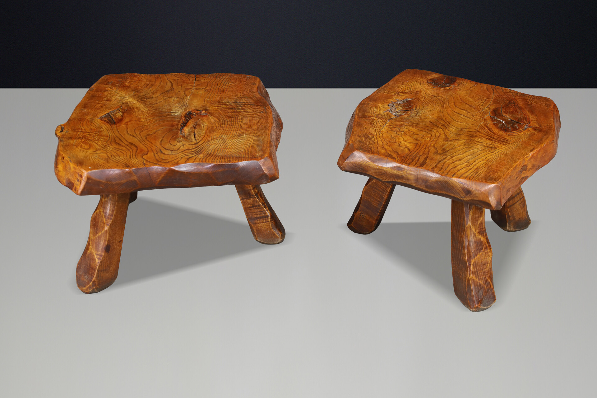 Brutalist Solid Elm Side Tables, Set of 2, France, 1960s Mid-20th century