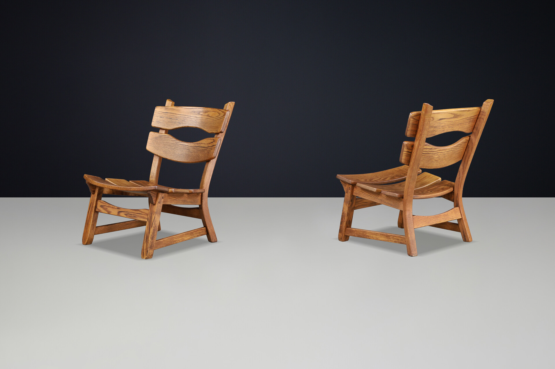 Brutalist Solid oak lounge chairs by Dittmann & Co for AWA Radboud, Netherlands circa 1970s. Late-20th century