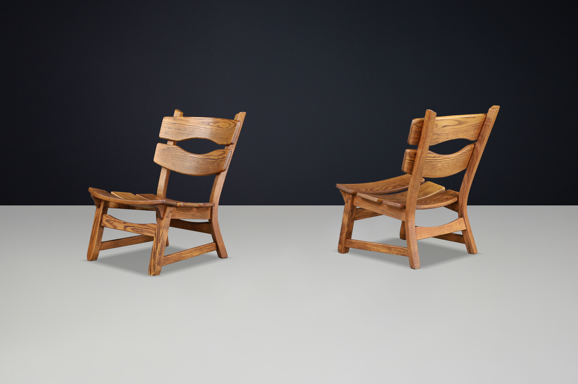 Brutalist Solid oak lounge chairs by Dittmann & Co for AWA Radboud, Netherlands circa 1970s. Late-20th century
