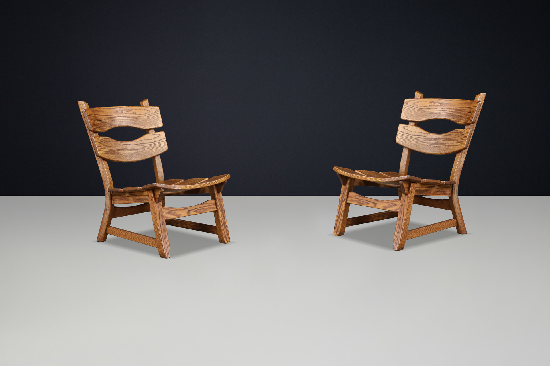 Brutalist Solid oak lounge chairs by Dittmann & Co for AWA Radboud, Netherlands circa 1970s. Late-20th century