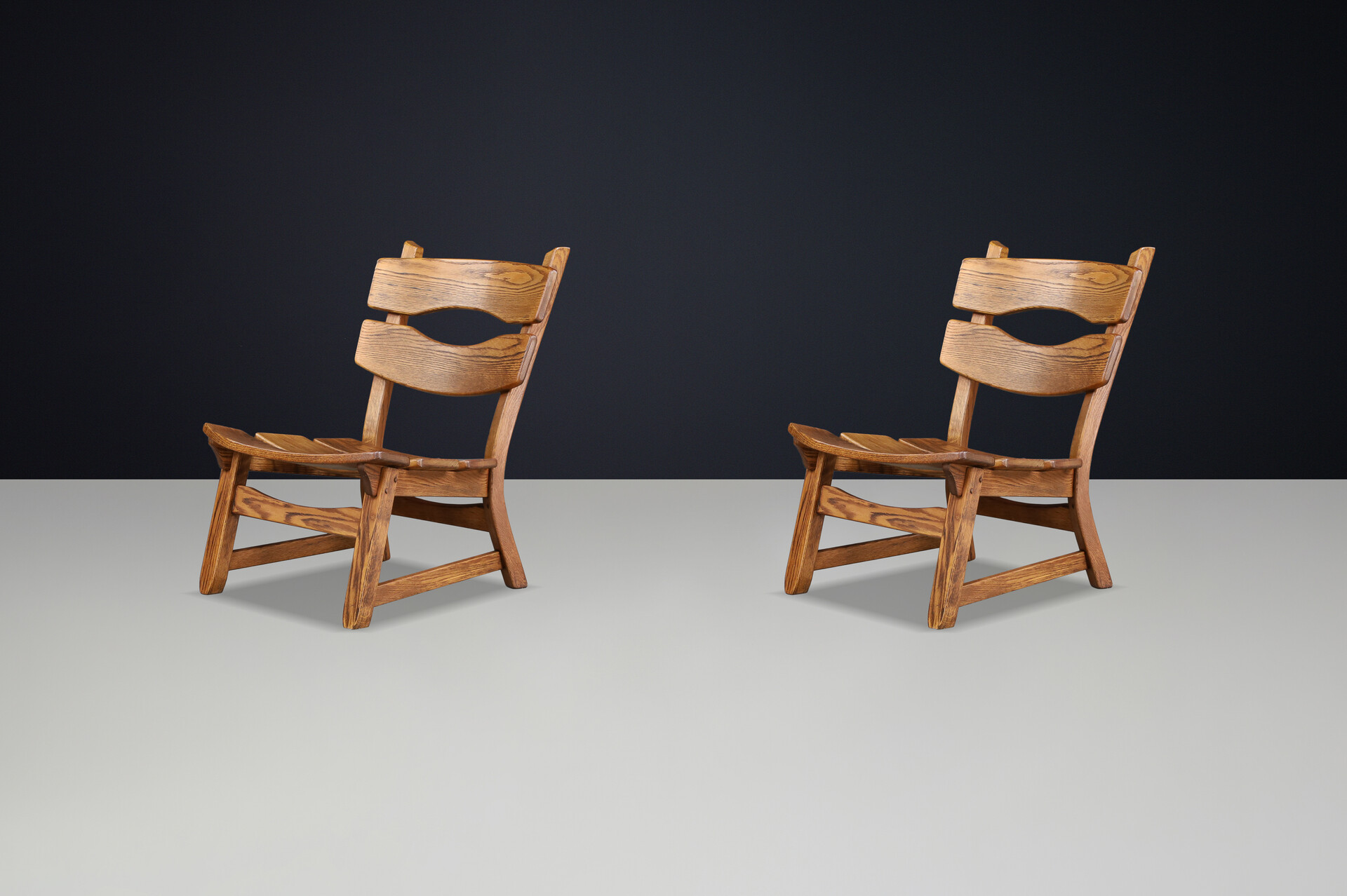 Brutalist Solid oak lounge chairs by Dittmann & Co for AWA Radboud, Netherlands circa 1970s. Late-20th century