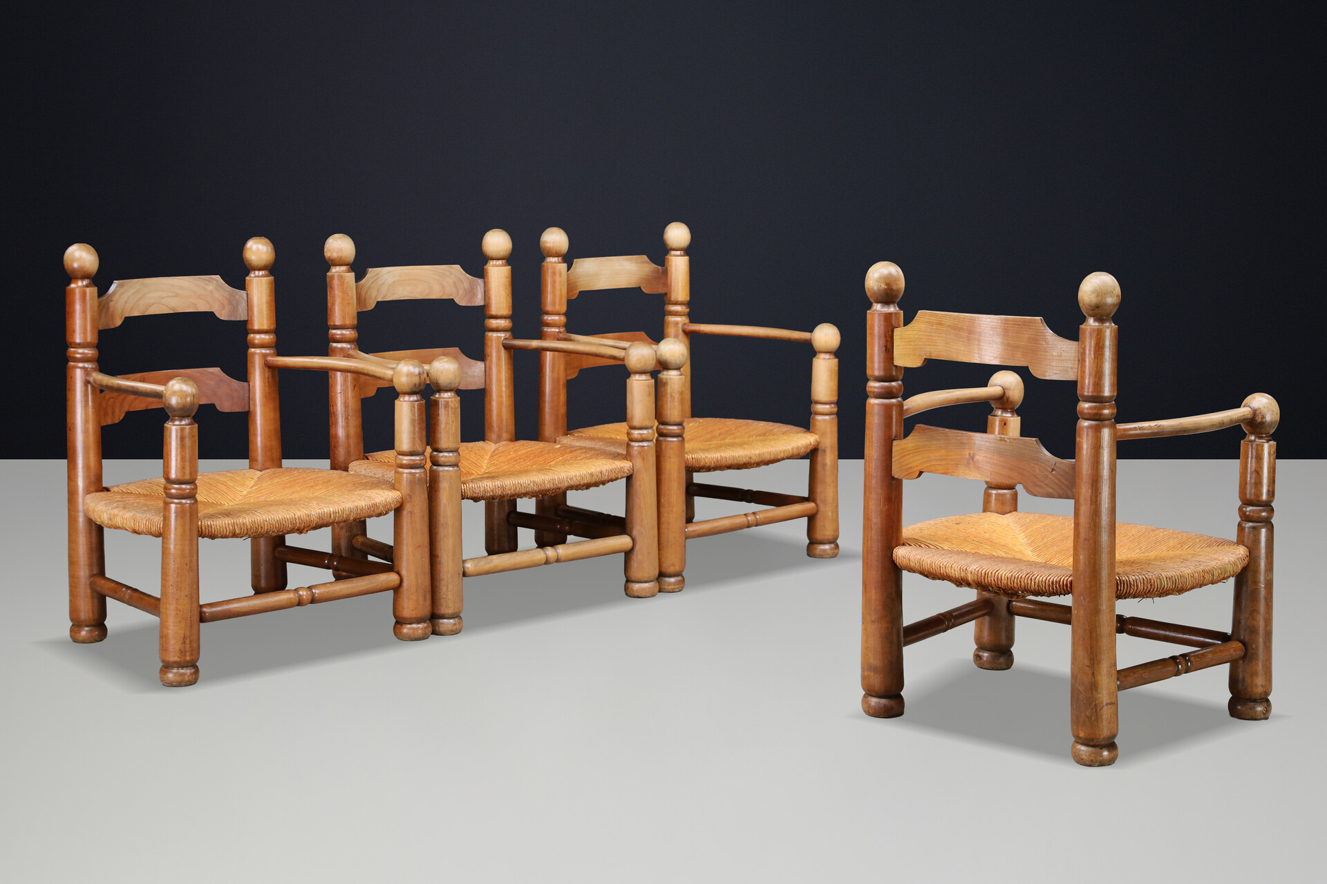 Charles Dudouyt Sculptural Walnut Armchairs with Rush Seats, France 1940s Early-20th century