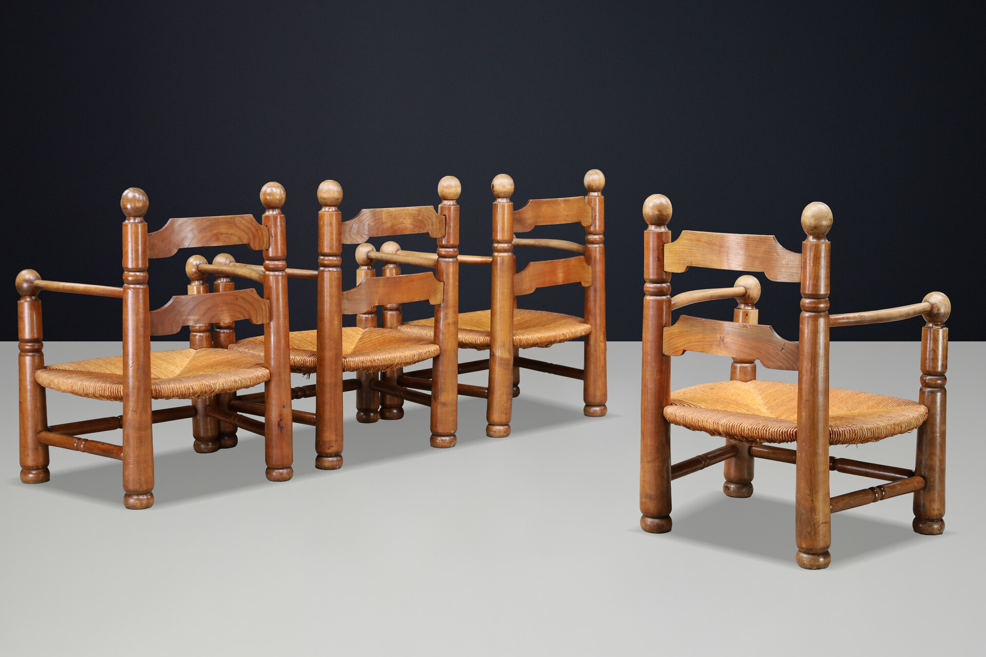 Charles Dudouyt Sculptural Walnut Armchairs with Rush Seats, France 1940s Early-20th century