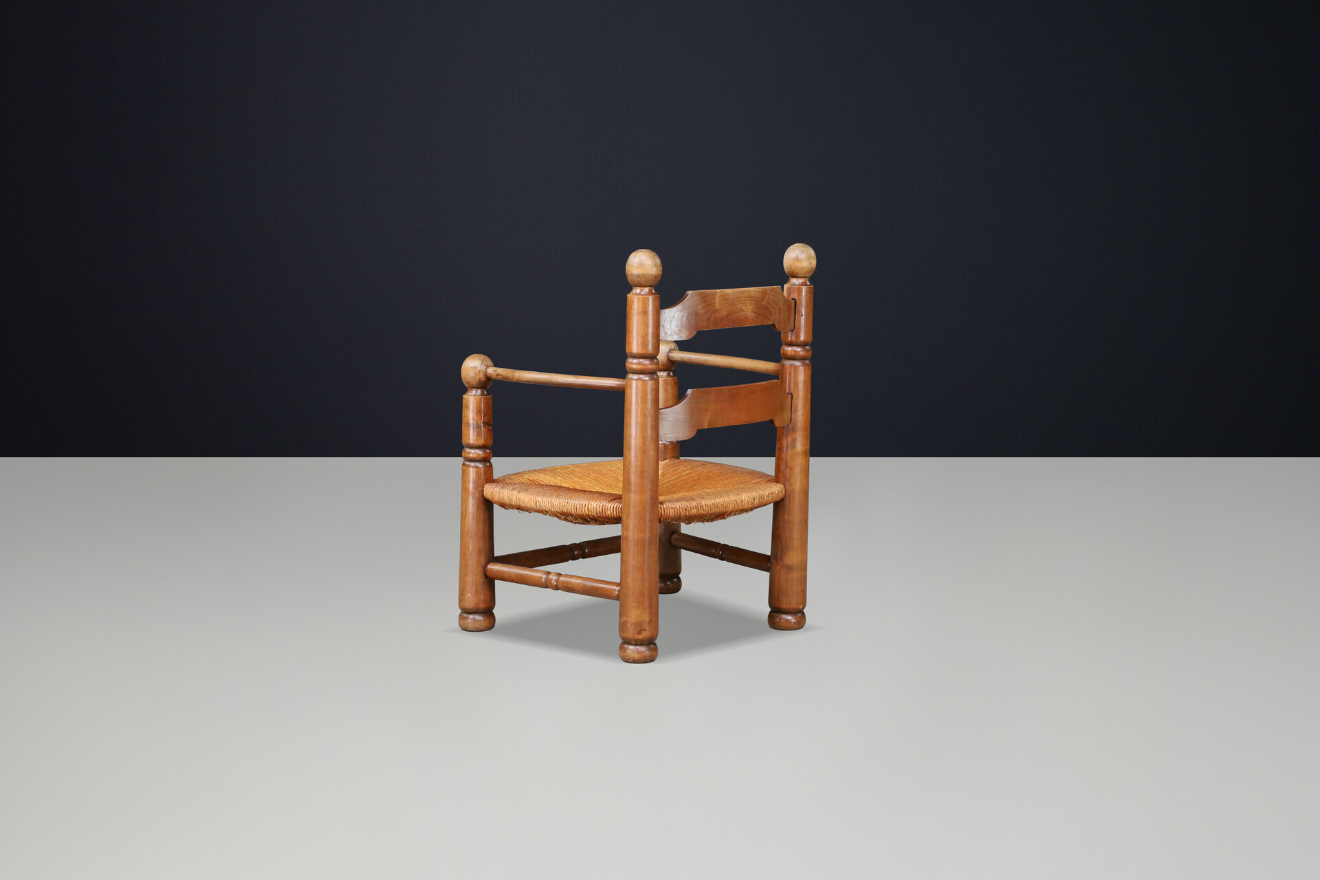 Charles Dudouyt Sculptural Walnut Armchairs with Rush Seats, France 1940s Early-20th century