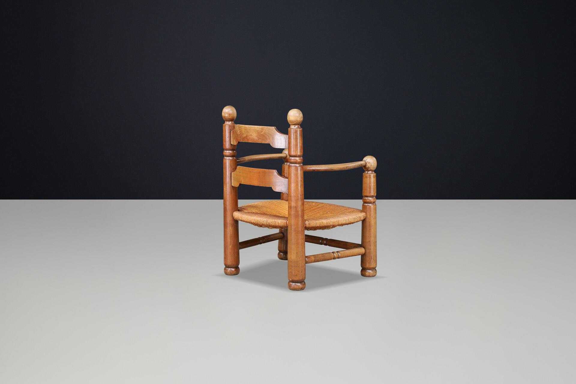 Charles Dudouyt Sculptural Walnut Armchairs with Rush Seats, France 1940s Early-20th century