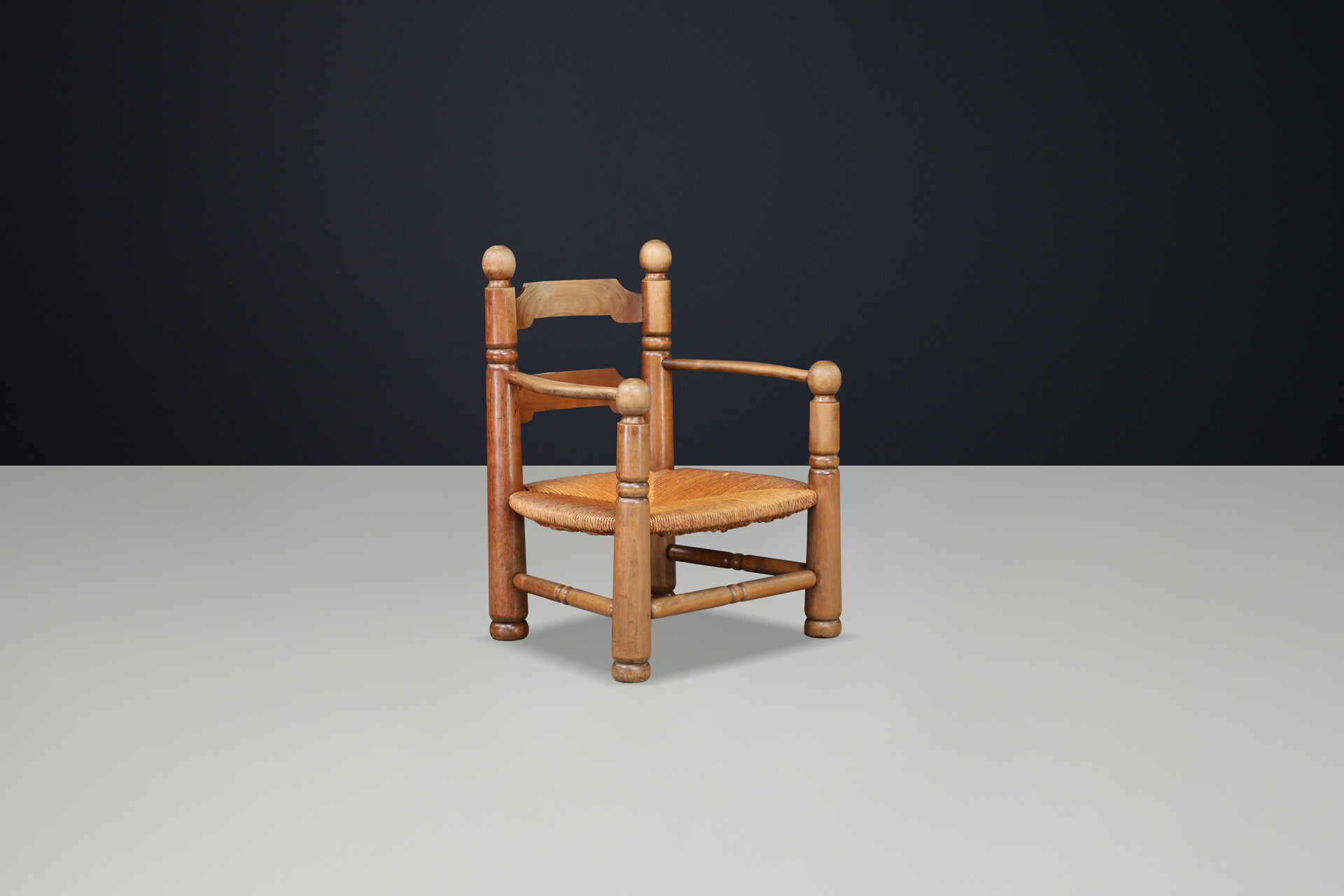 Charles Dudouyt Sculptural Walnut Armchairs with Rush Seats, France 1940s Early-20th century