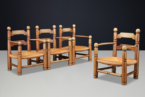 Charles Dudouyt Sculptural Walnut Armchairs with Rush Seats, France 1940s Early-20th century