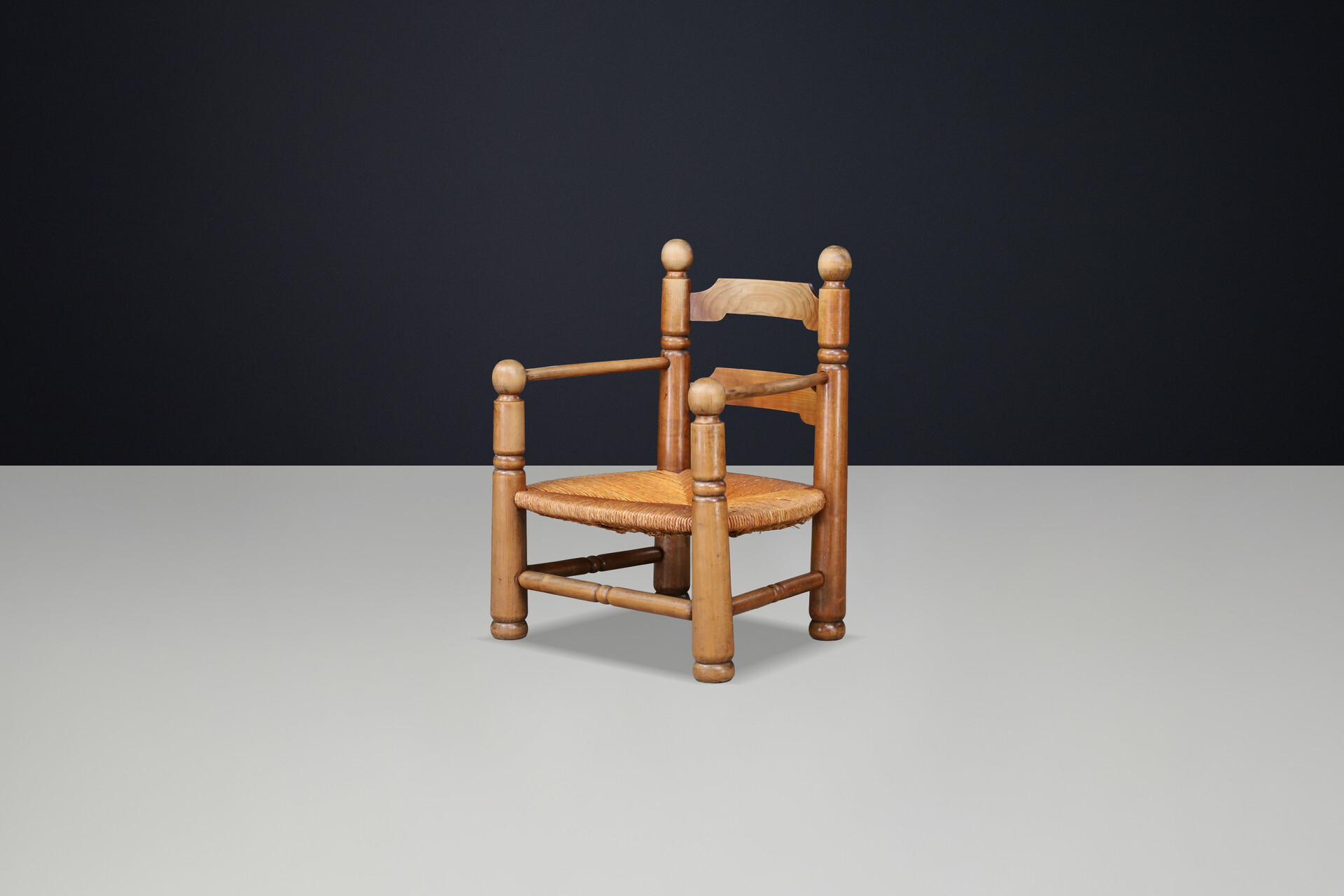 Charles Dudouyt Sculptural Walnut Armchairs with Rush Seats, France 1940s Early-20th century