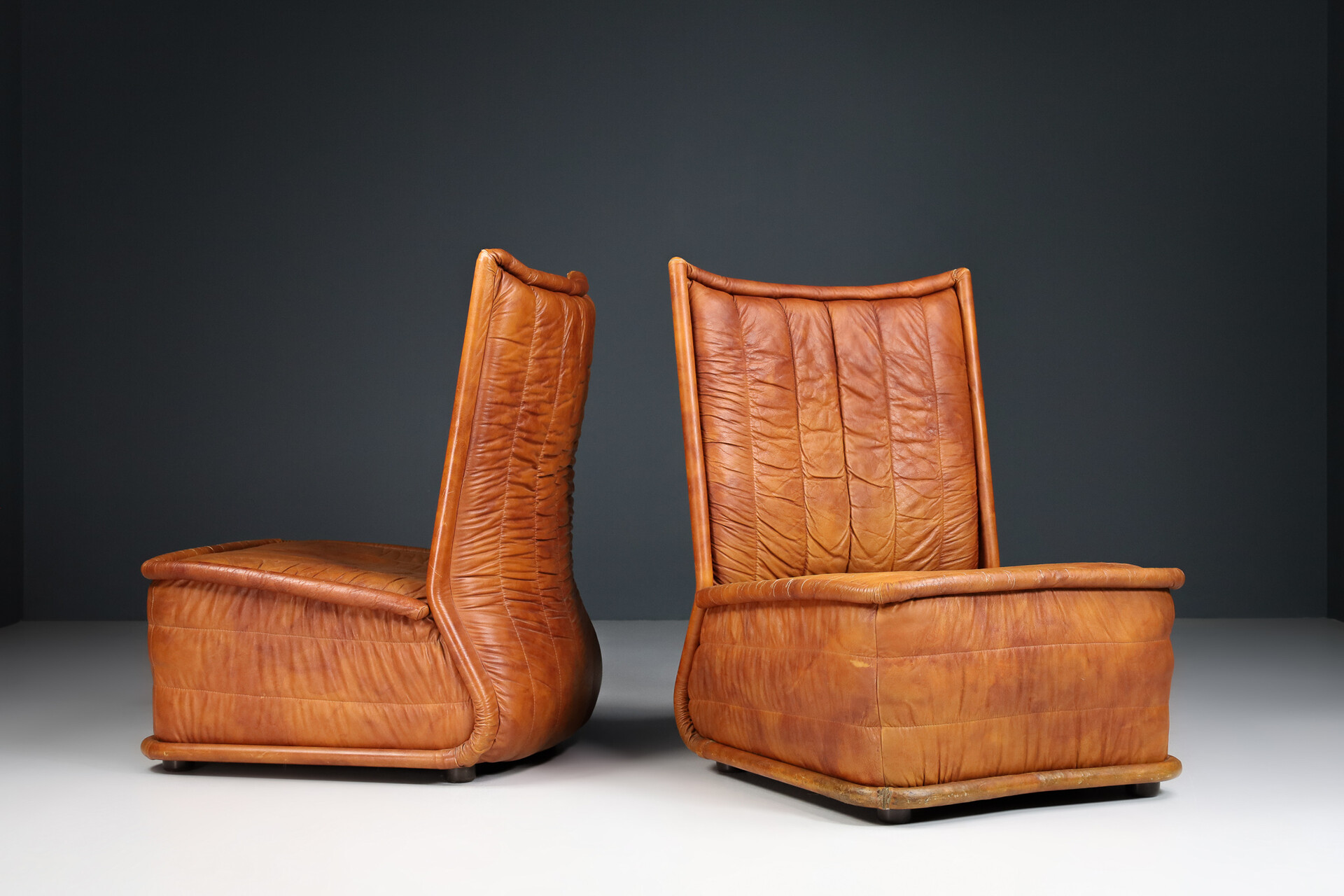 Cognac Leather Lounge Chairs, Italy 1970 Mid-20th century