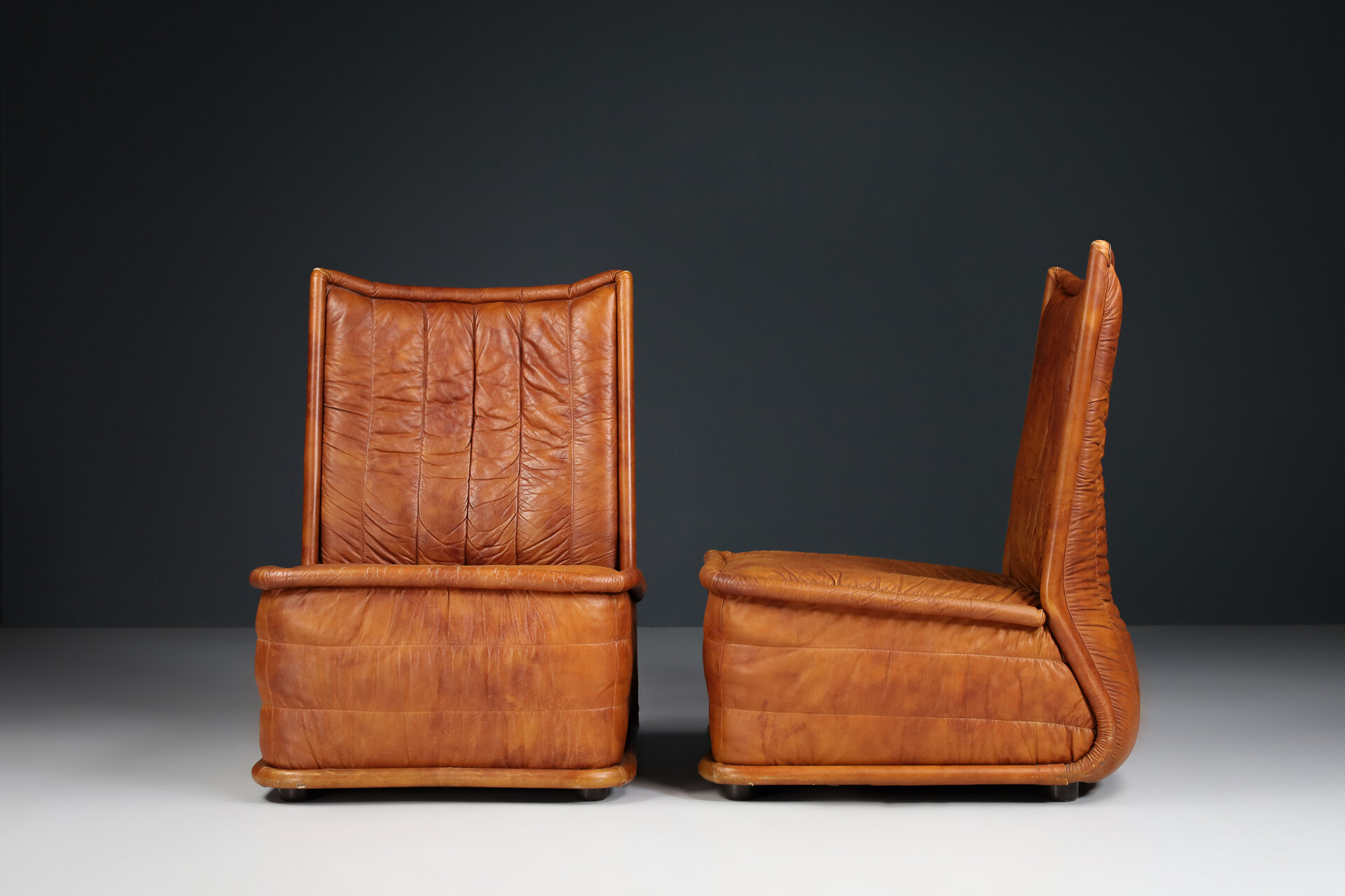 Cognac Leather Lounge Chairs, Italy 1970 Mid-20th century