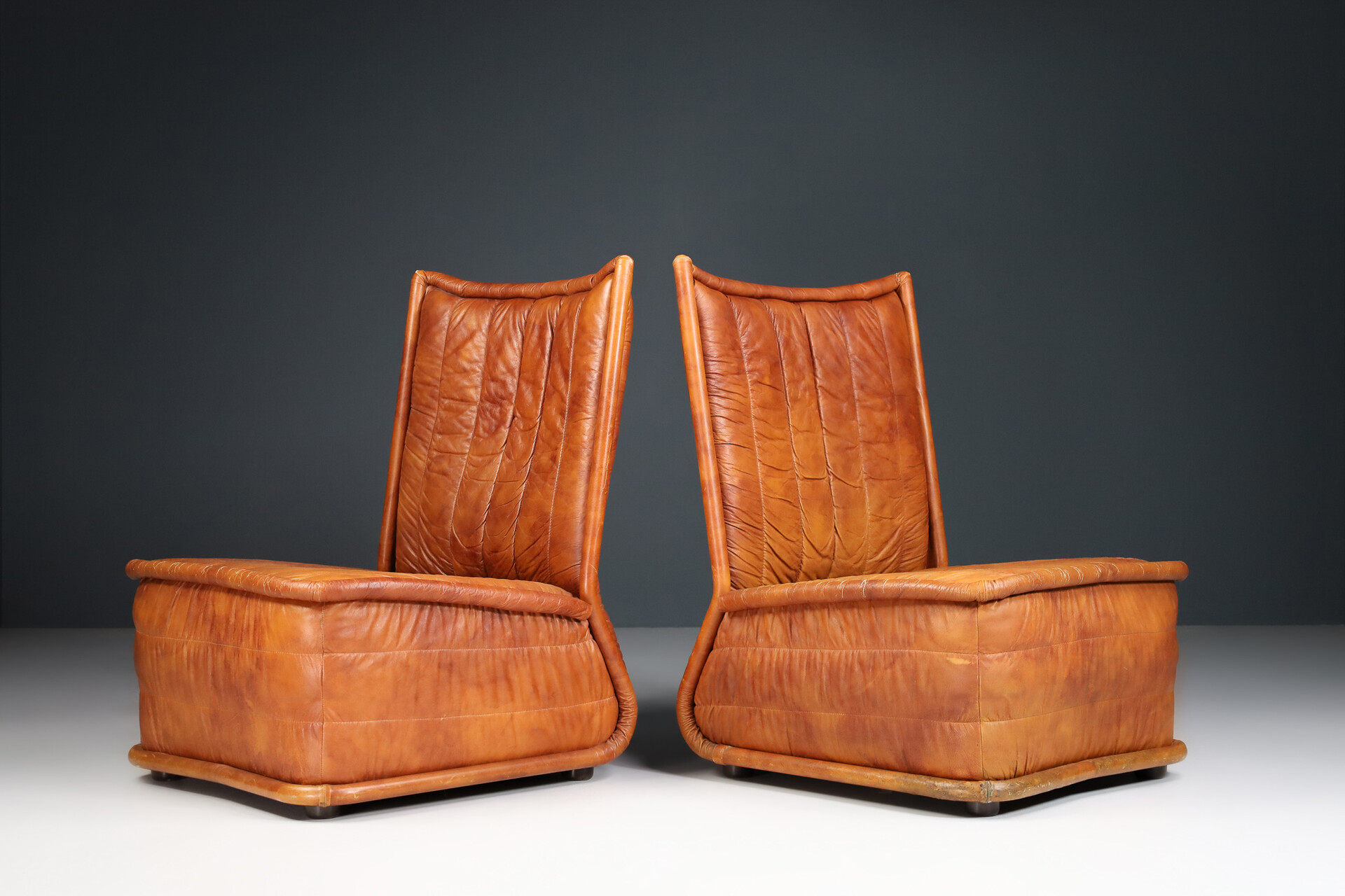 Cognac Leather Lounge Chairs, Italy 1970 Mid-20th century